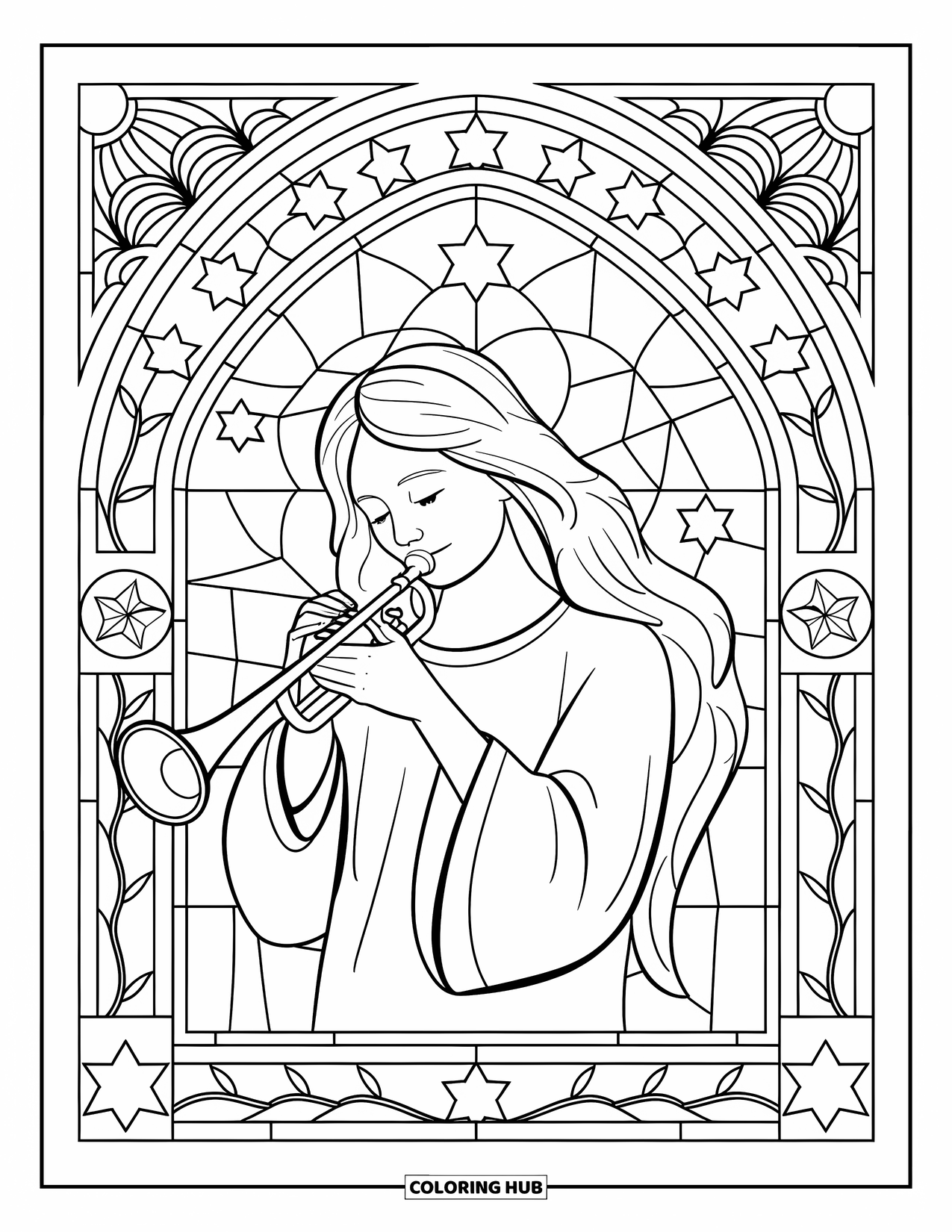 Christmas Angel Coloring Page for Adults: An angel with flowing hair plays trumpet in a star-filled stained-glass arch