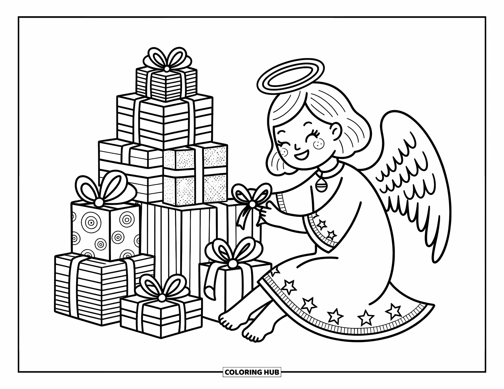 Christmas Angel Coloring Page for Adults: An excited angel finishes wrapping a present while sitting among festive holiday packages