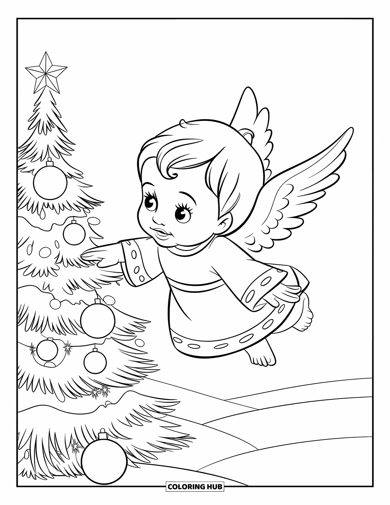 Christmas Angel Coloring Page for Kids: A baby angel soars above a snowy tree filled with ornaments
