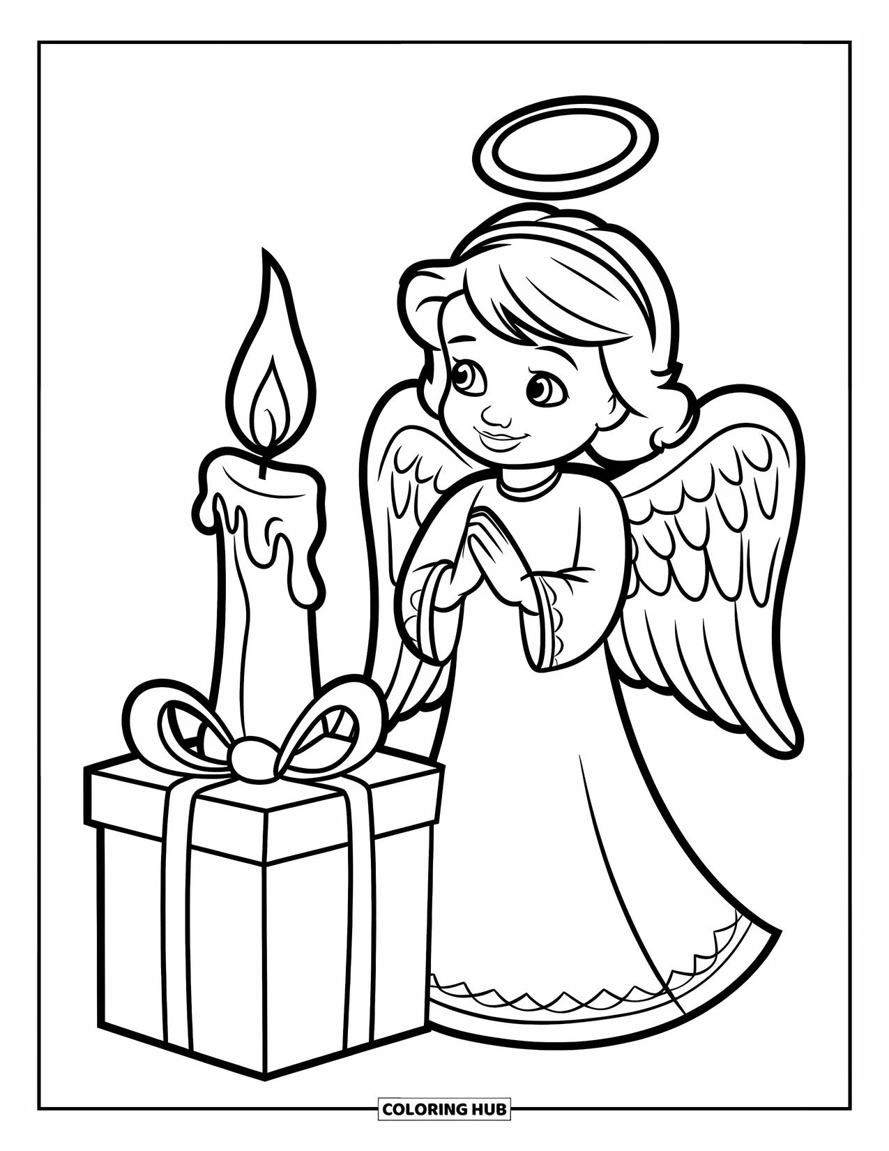 Christmas Angel Coloring Page for Kids: A candle-holding angel stands beside a gift box with a bow