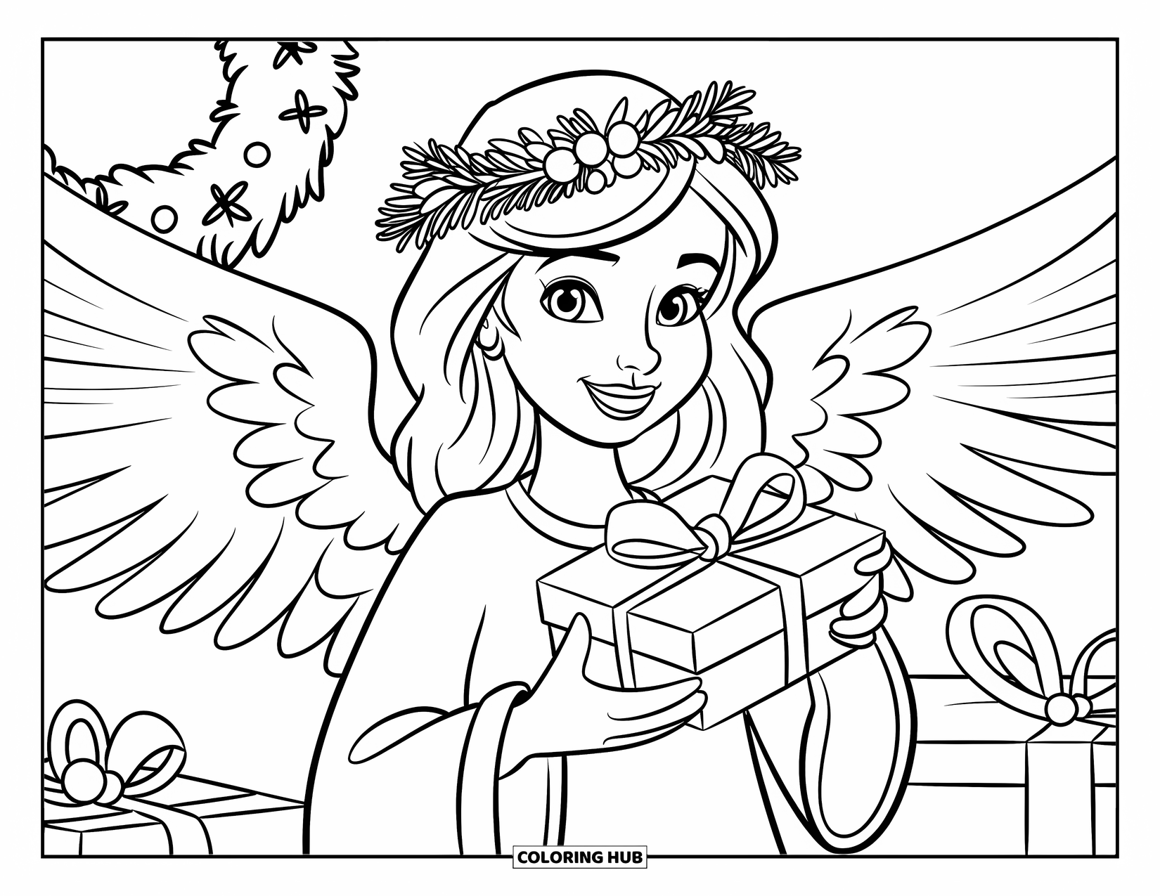 Christmas Angel Coloring Page for Kids: A cheerful angel with a wreath crown holds a ribbon-wrapped present
