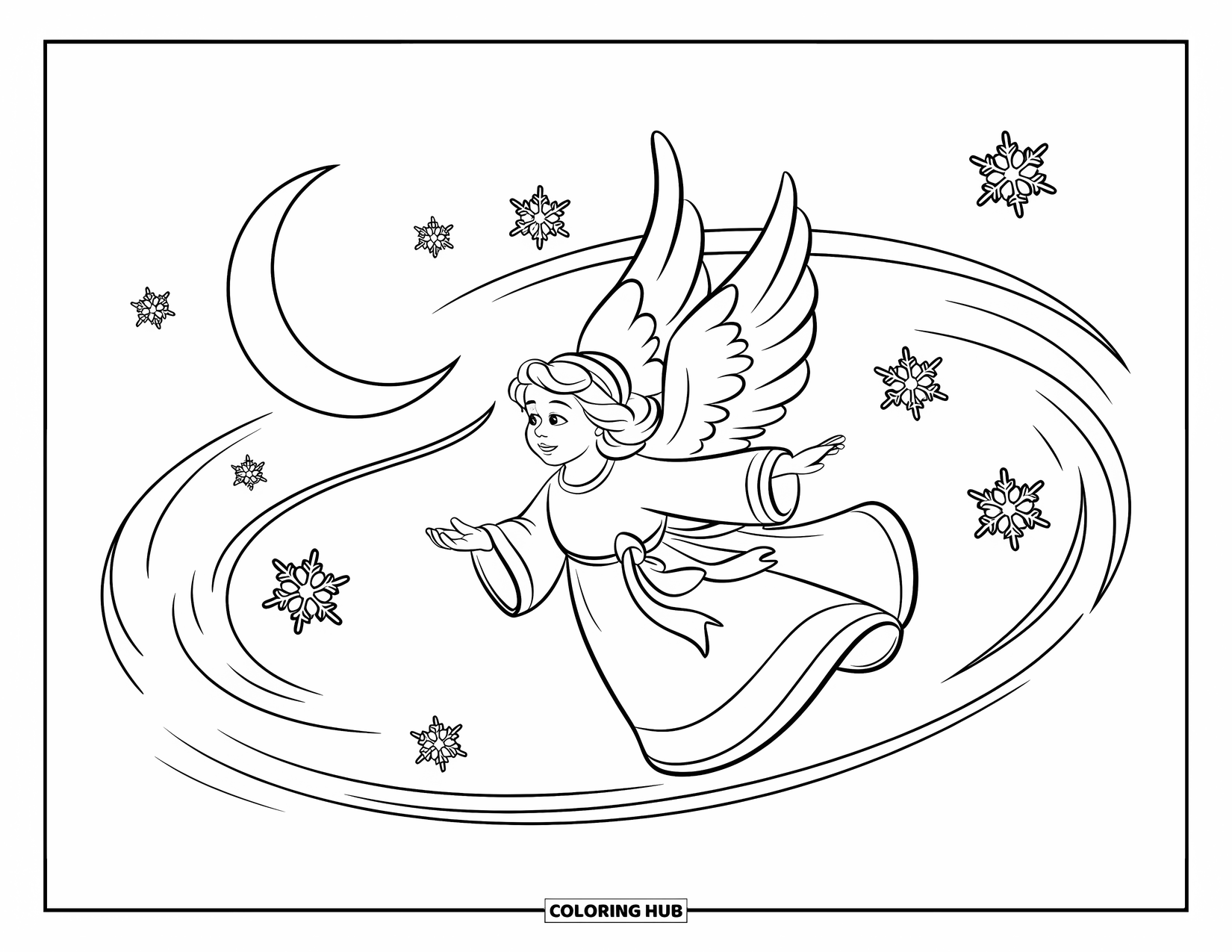 Christmas Angel Coloring Page for Kids: A Christmas angel flies near a crescent moon with swirling snowflakes and stars