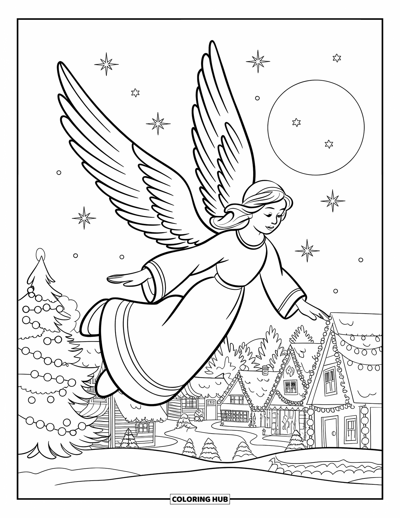Christmas Angel Coloring Page for Kids: A Christmas angel flies over a snowy village lit by Christmas lights
