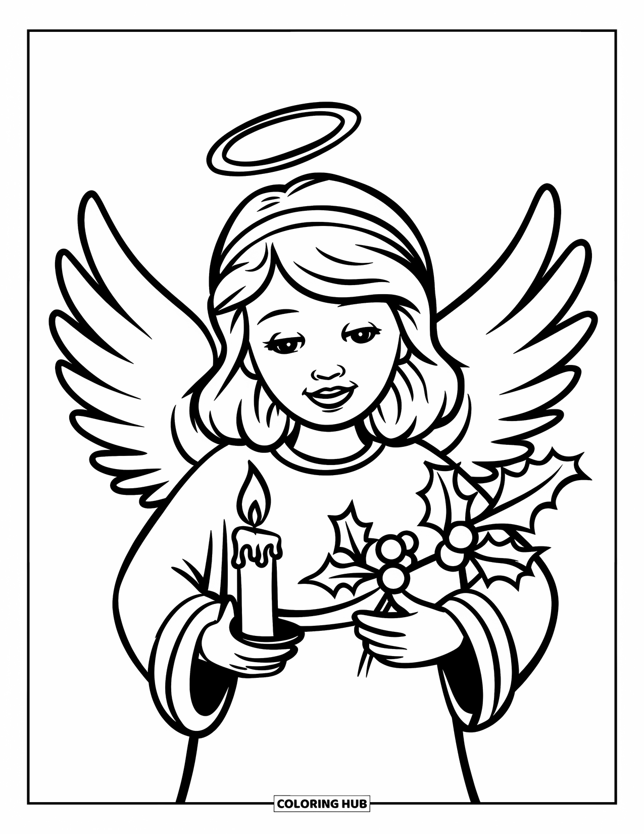 Christmas Angel Coloring Page for Kids: A Christmas angel holds a candle and holly, her wings spread wide