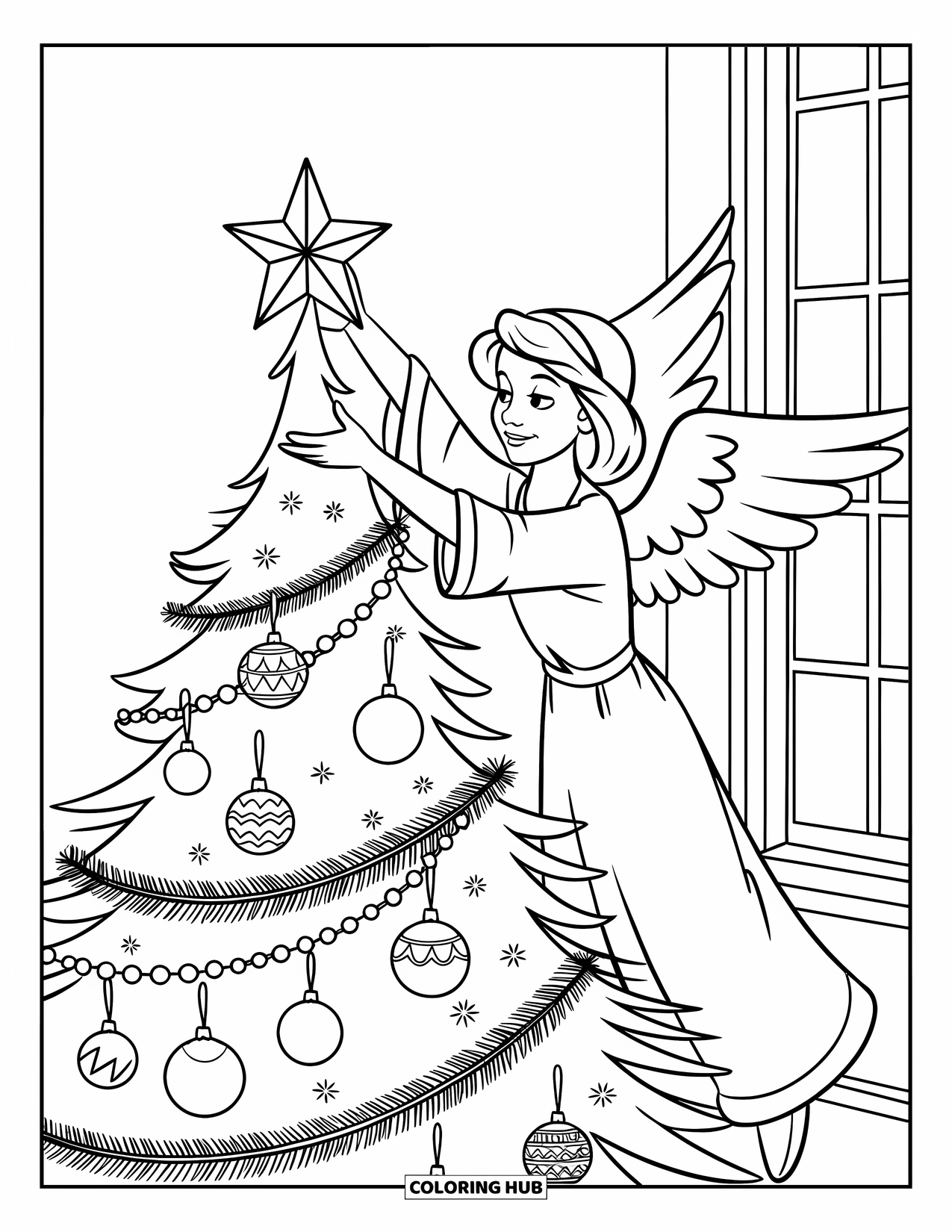 Christmas Angel Coloring Page for Kids: A Christmas angel places a star atop a decorated tree in a cozy room