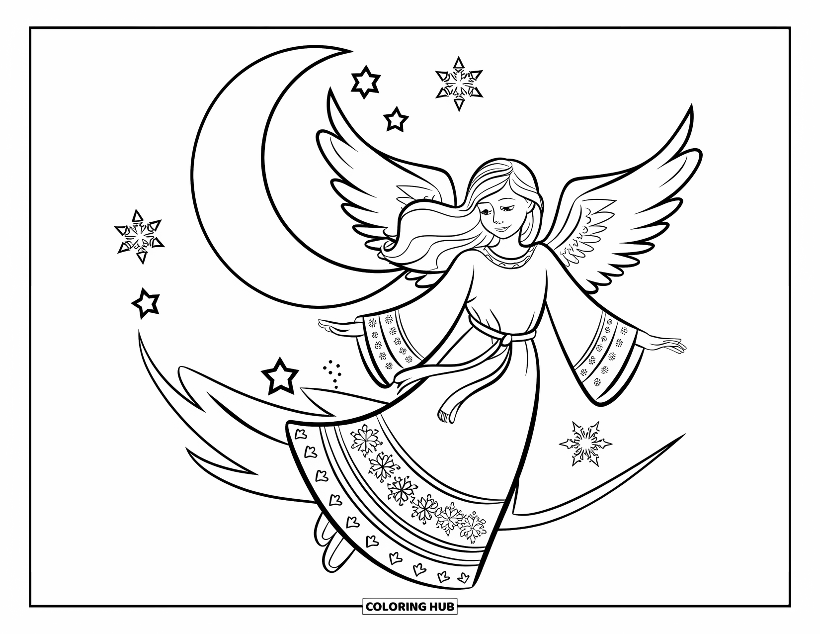 Christmas Angel Coloring Page for Kids: A Christmas angel with patterned robes flies near a moon and swirling snowflakes