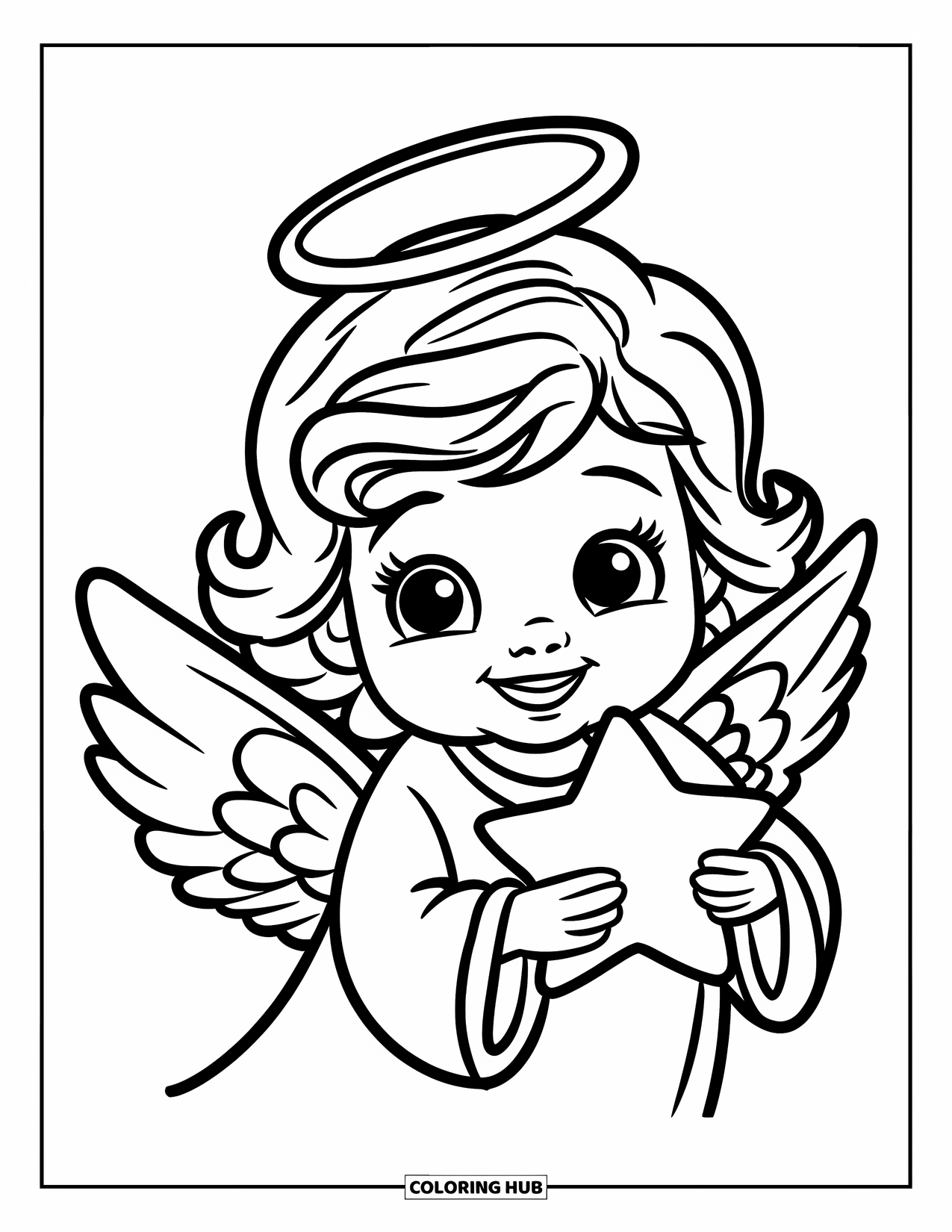 Christmas Angel Coloring Page for Kids: A cute angel holds a Christmas star while smiling beneath a big halo