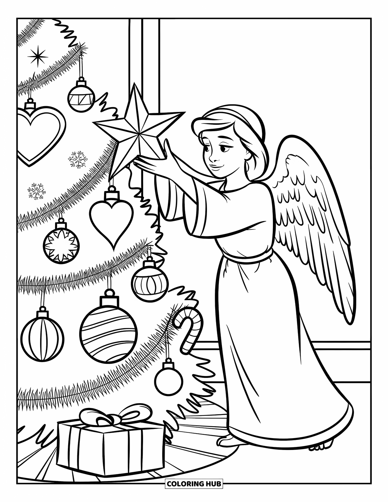 Christmas Angel Coloring Page for Kids: A gift and candy cane rest near a tree as an angel places a star