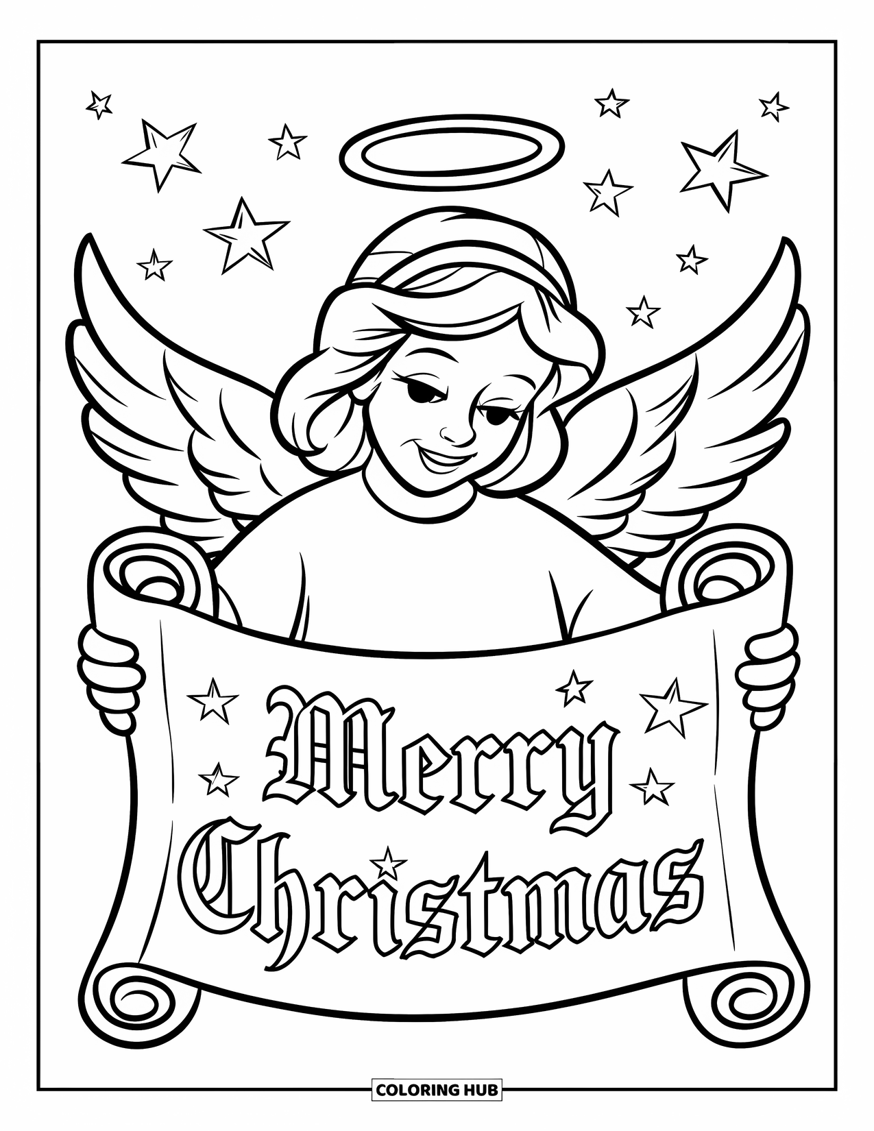 Christmas Angel Coloring Page for Kids: A haloed angel holds a scroll reading ìMerry Christmasî surrounded by stars