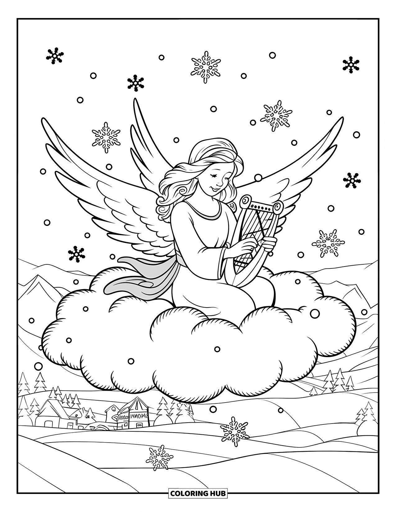 Christmas Angel Coloring Page for Kids: A harp-holding angel sits on a cloud as snowflakes fall all around