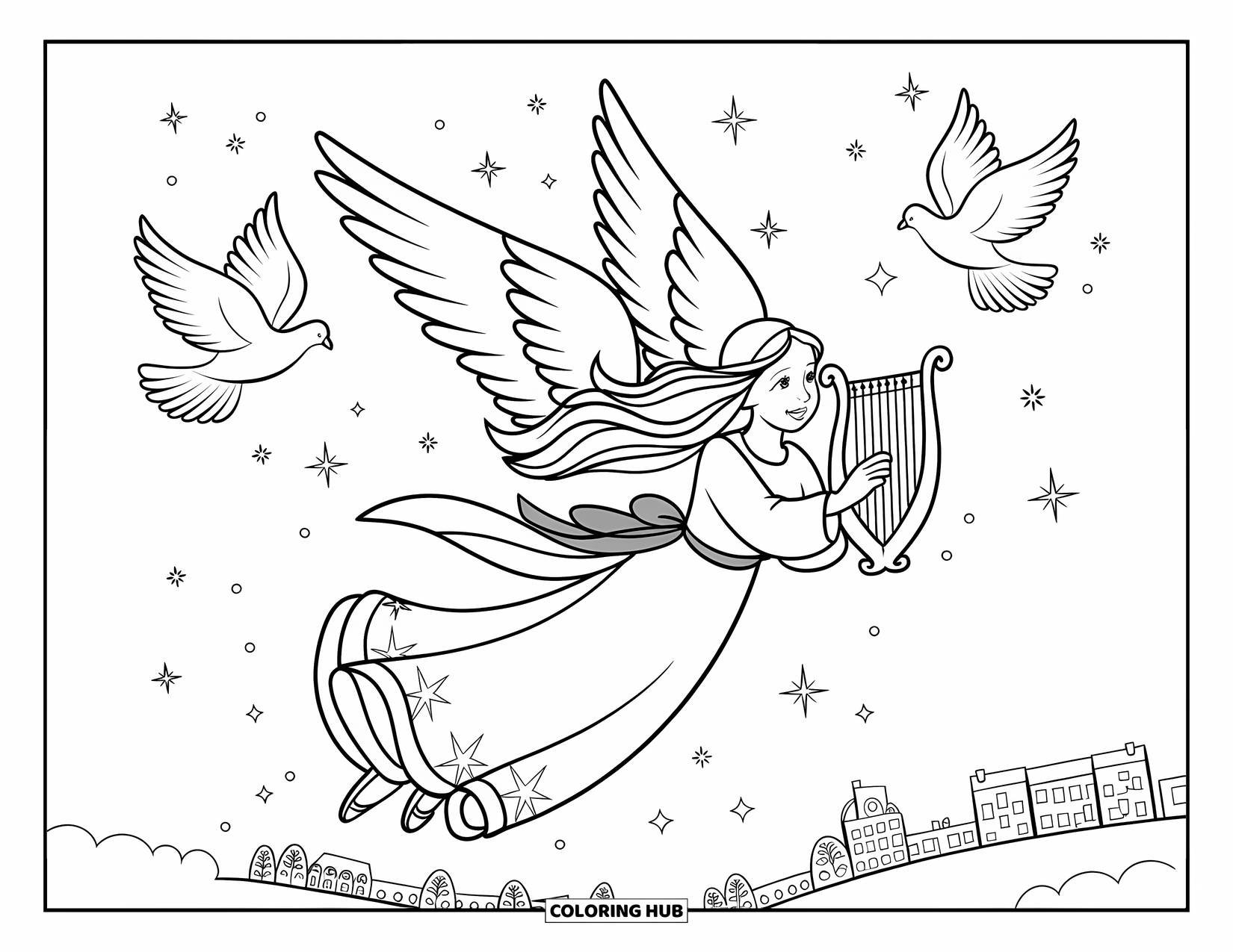 Christmas Angel Coloring Page for Kids: A harp-playing angel flies with doves and sparkles in the night sky