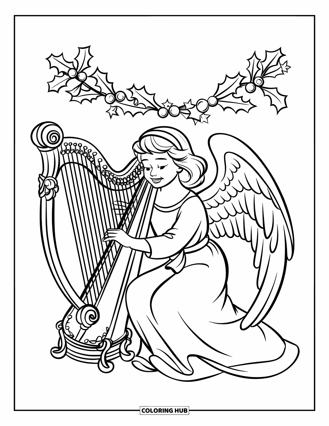 Christmas Angel Coloring Page for Kids: A harp-playing angel smiles under holly and star garlands