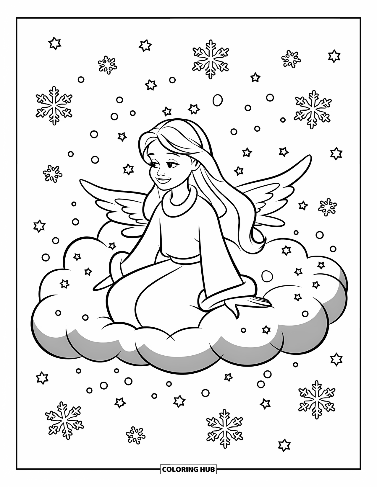 Christmas Angel Coloring Page for Kids: A peaceful angel sits on a fluffy cloud under a starry sky
