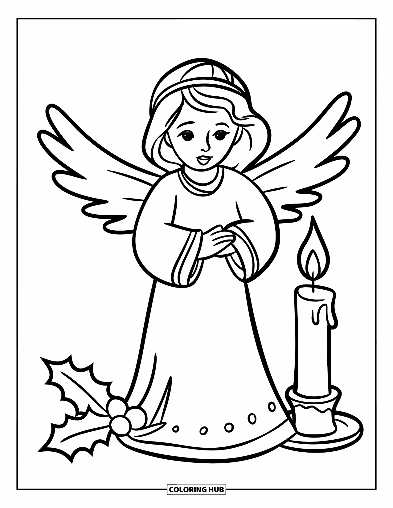 Christmas Angel Coloring Page for Kids: A peaceful angel stands next to holly and a candle with crisp outlines