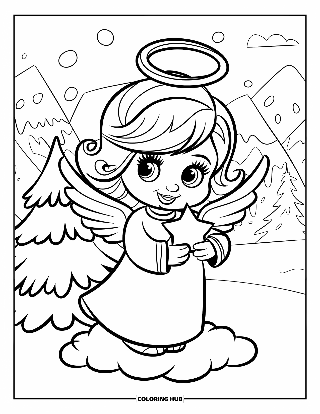 Christmas Angel Coloring Page for Kids: A smiling angel stands on a cloud holding a star beside a snowy tree