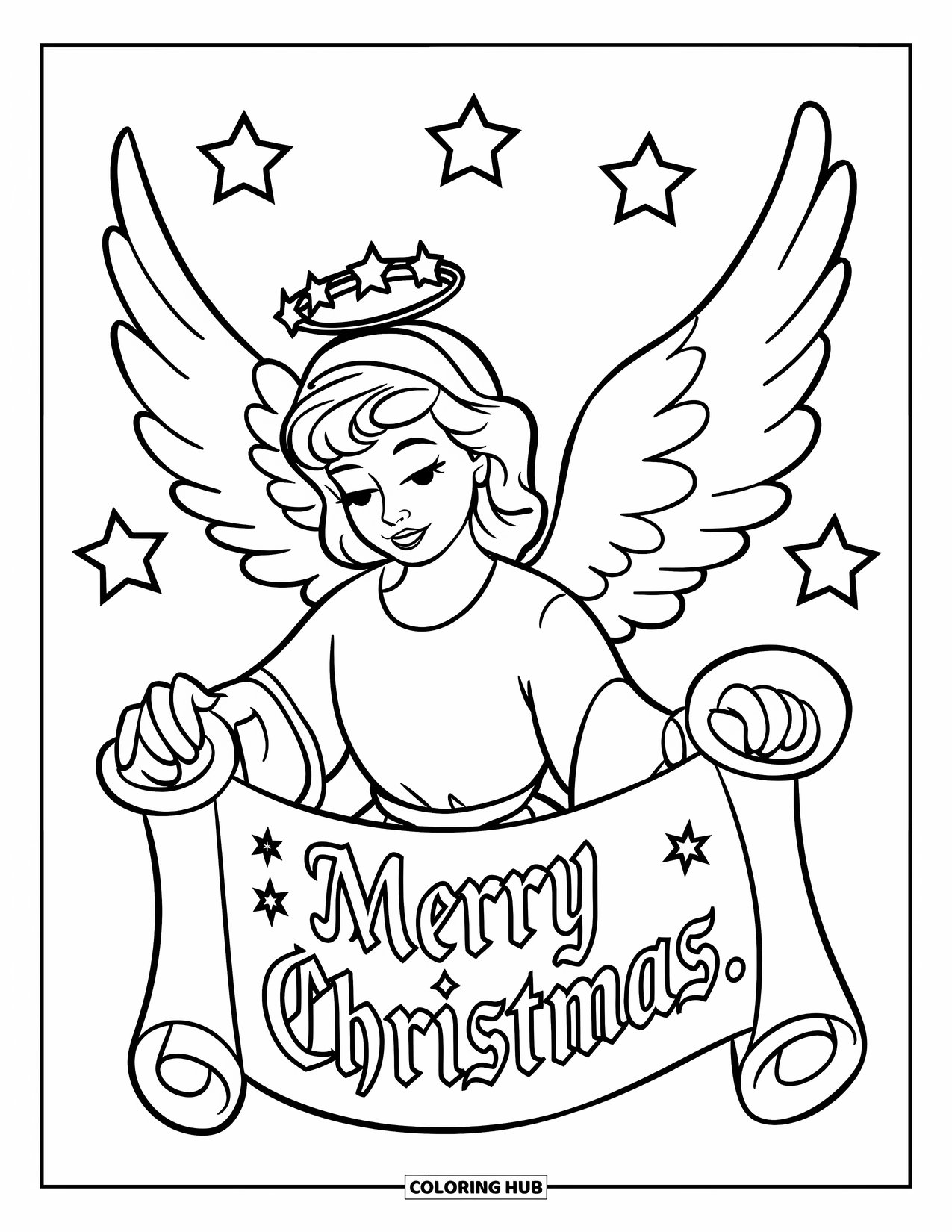 Christmas Angel Coloring Page for Kids: A star-crowned angel reads a scroll that says ìMerry Christmas.î