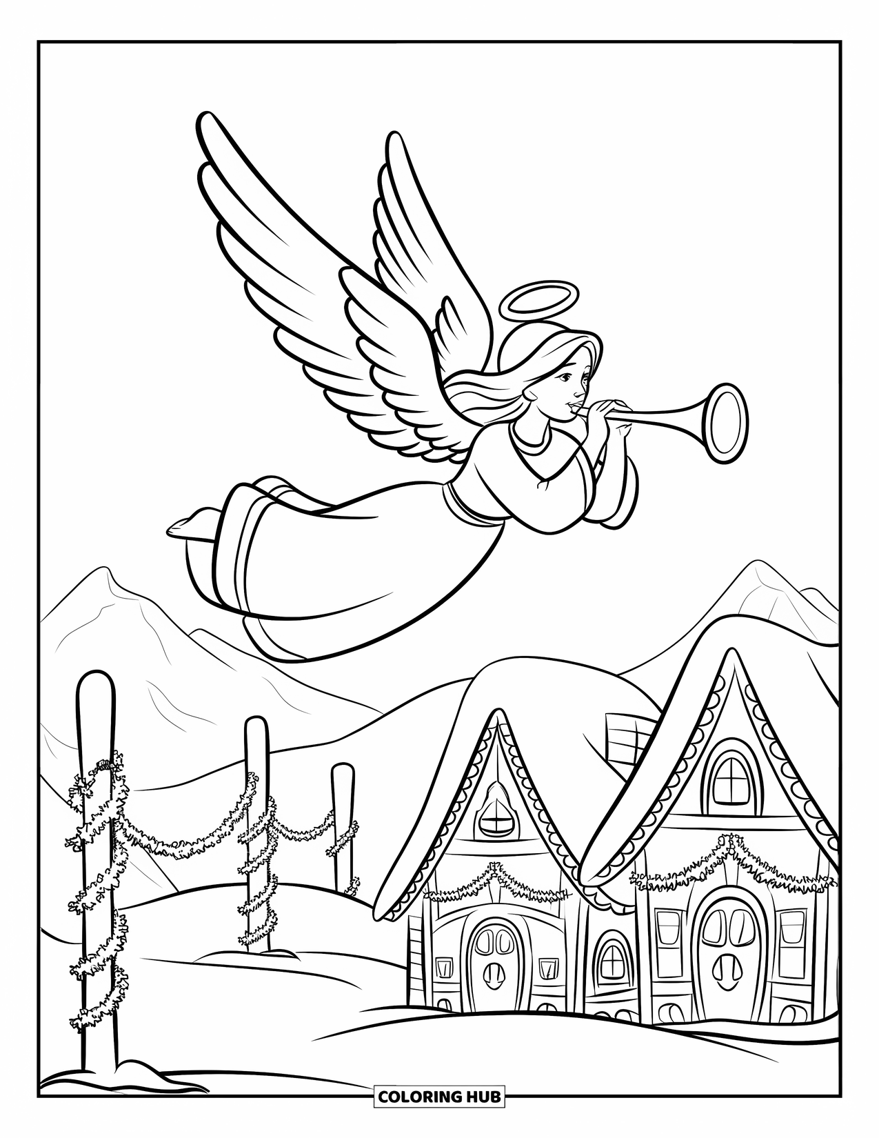 Christmas Angel Coloring Page for Kids: A trumpet-playing angel soars above snowy houses wrapped in holiday garlands