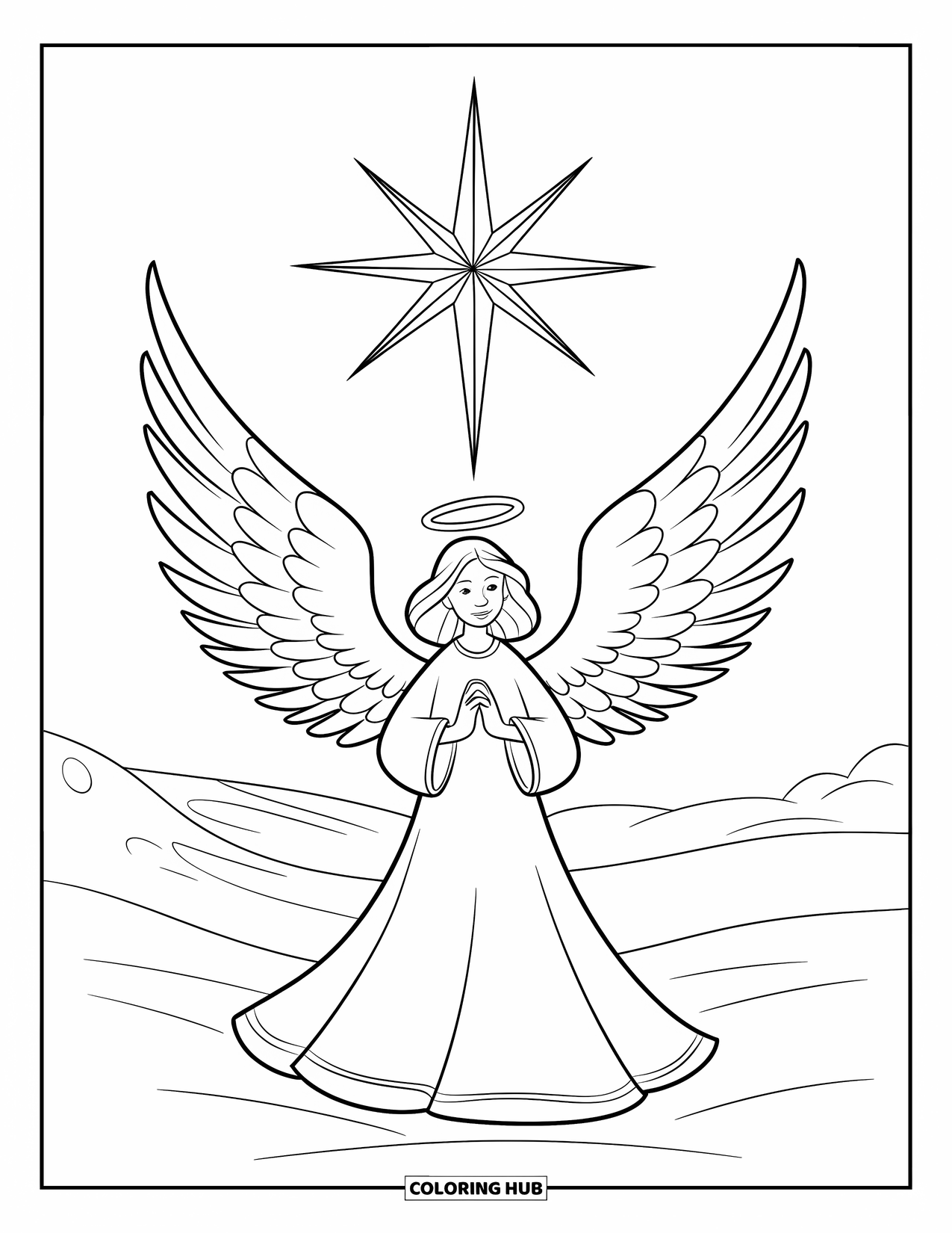 Christmas Angel Coloring Page for Kids: An angel in snow holds a halo under a bright Christmas star