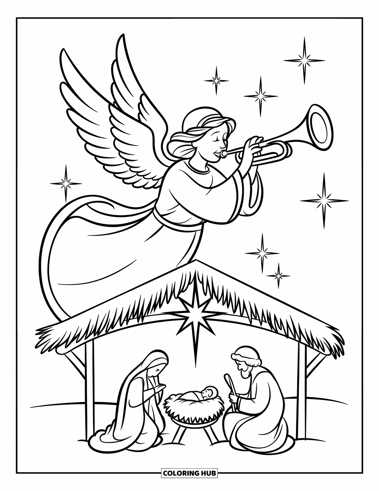 Christmas Angel Coloring Page for Kids: An angel plays a trumpet above the nativity scene with sparkles in the sky