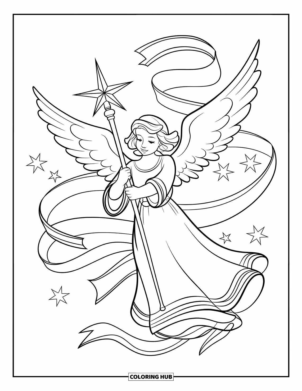 Christmas Angel Coloring Page for Kids: An angel with a glowing staff is surrounded by stars and swirling ribbons