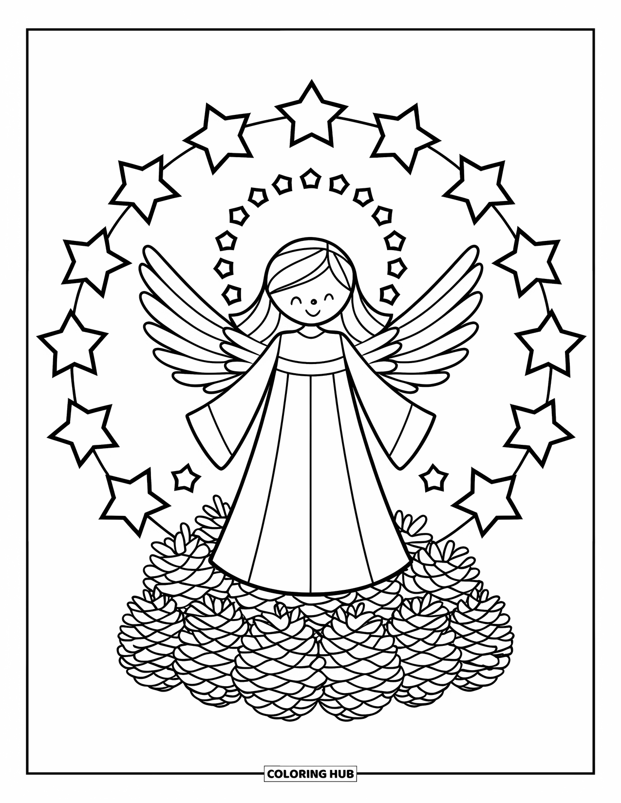 Christmas Angel Coloring Page for Kids: An angel with a star crown stands on pinecones surrounded by stars