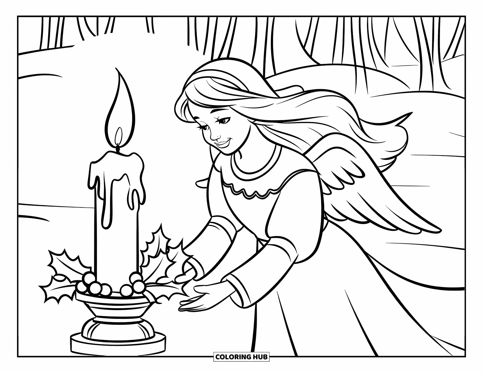 Christmas Angel Coloring Page for Kids: An angel with long hair lights a candle near trees and falling snow