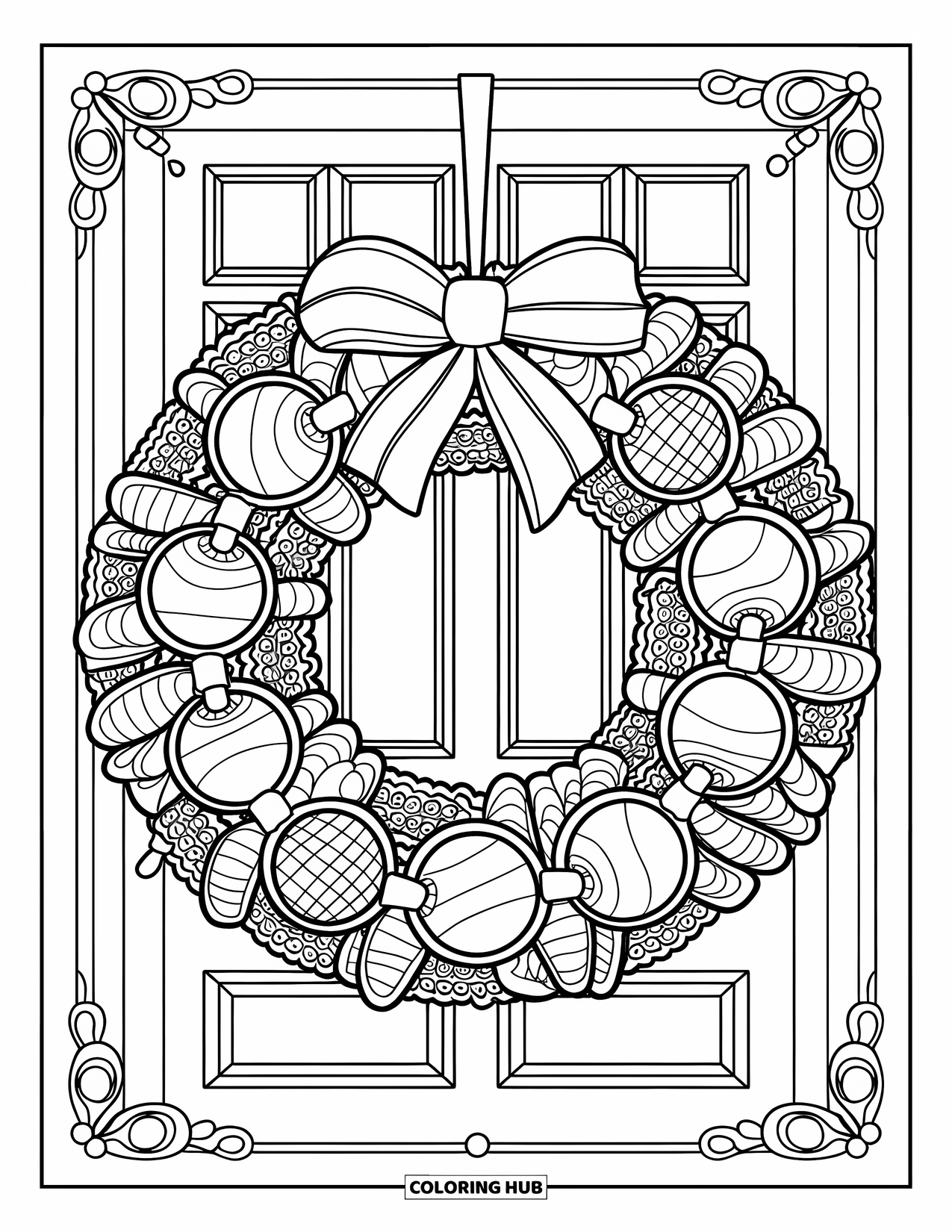 Christmas Candy Coloring Page for Adults: A candy wreath with pinecones and mandala rings hangs on a snowy door