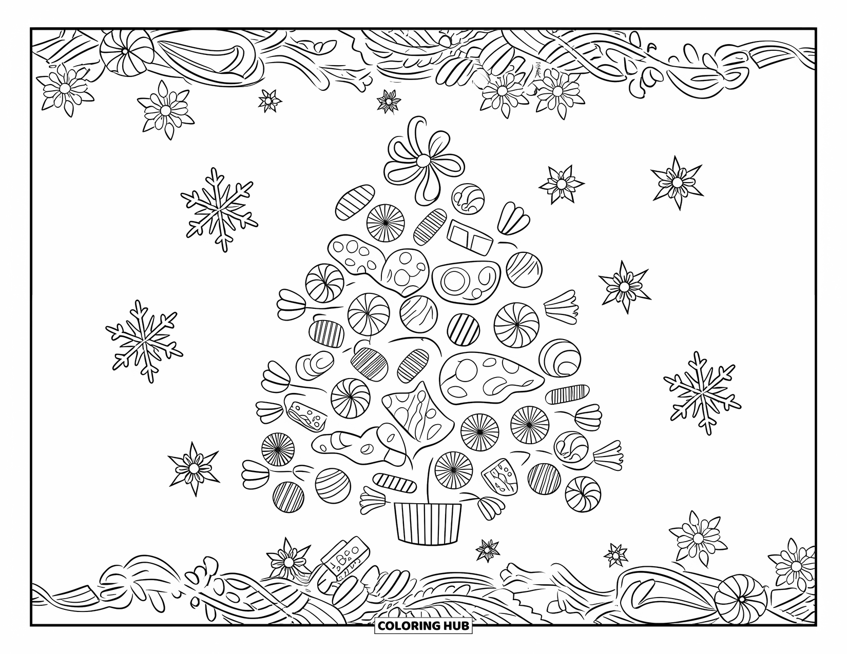 Christmas Candy Coloring Page for Adults: A cheerful candy tree sparkles with florals and snowflakes inside a decorative border