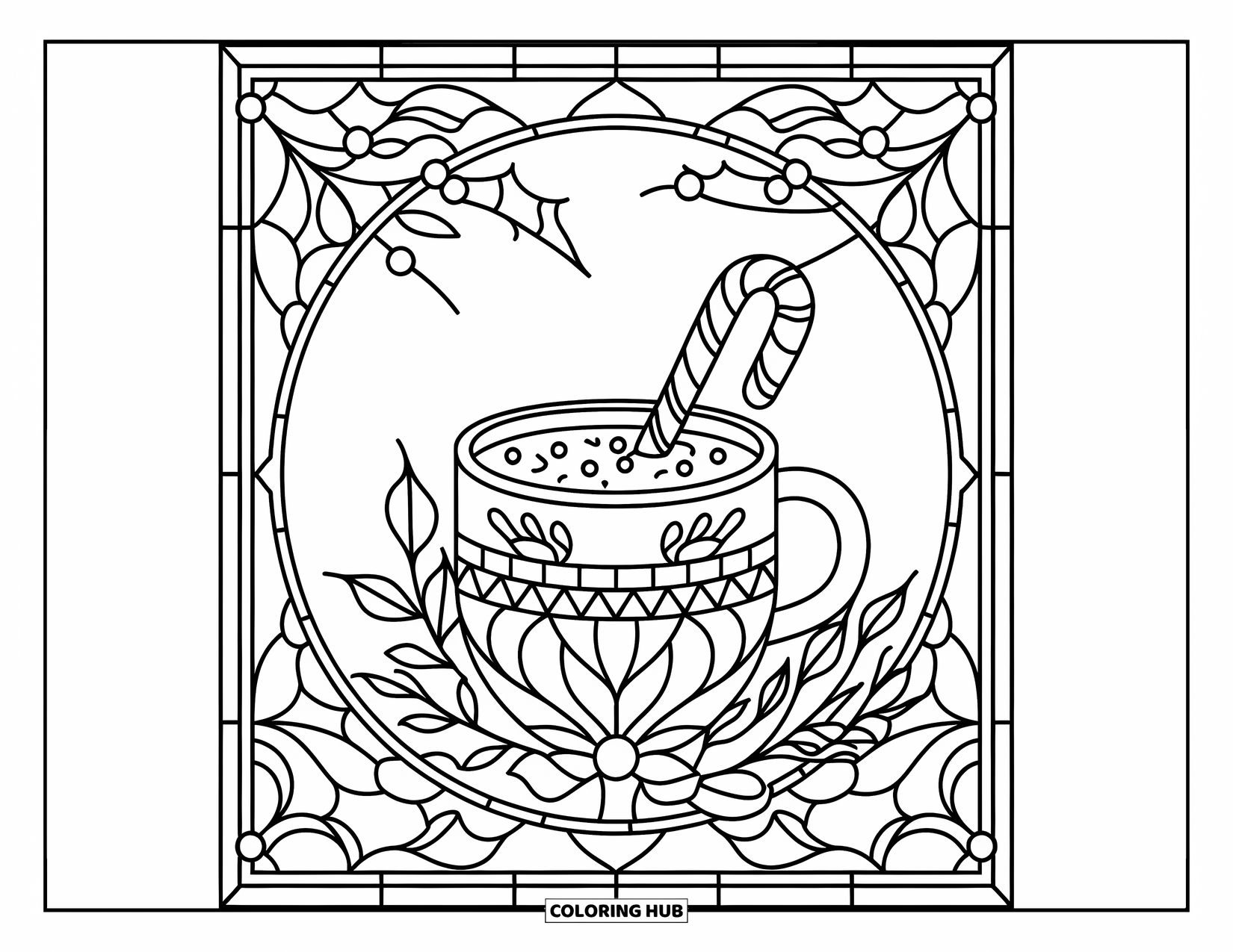 Christmas Candy Coloring Page for Adults: A cocoa mug with candy cane stirrer sits in a stained glass frame of leaves