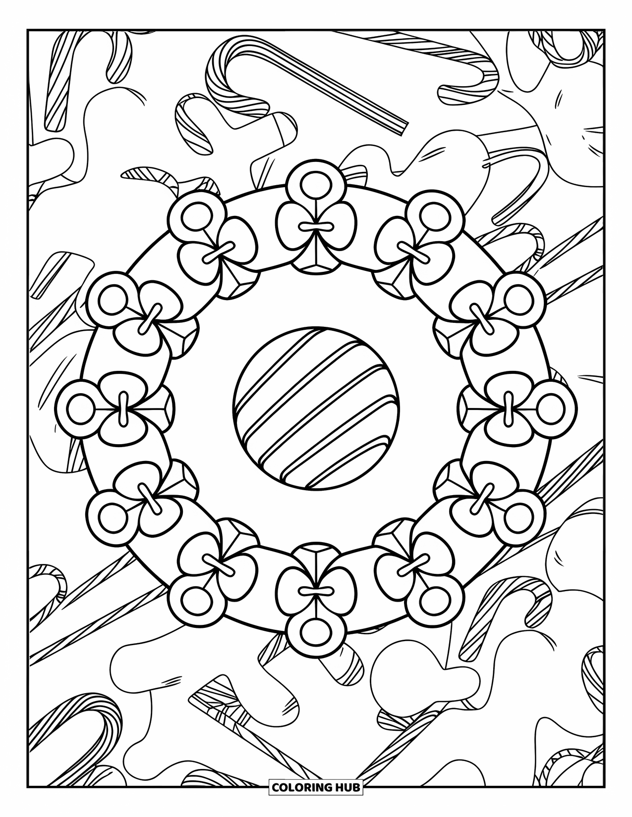 Christmas Candy Coloring Page for Adults: A decorated truffle sits in a candy circle with gingerbread and cane patterns