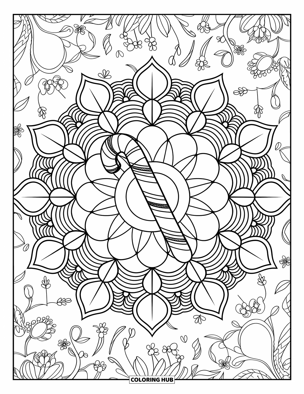 Christmas Candy Coloring Page for Adults: A detailed mandala surrounds a Christmas candy cane for a relaxing design