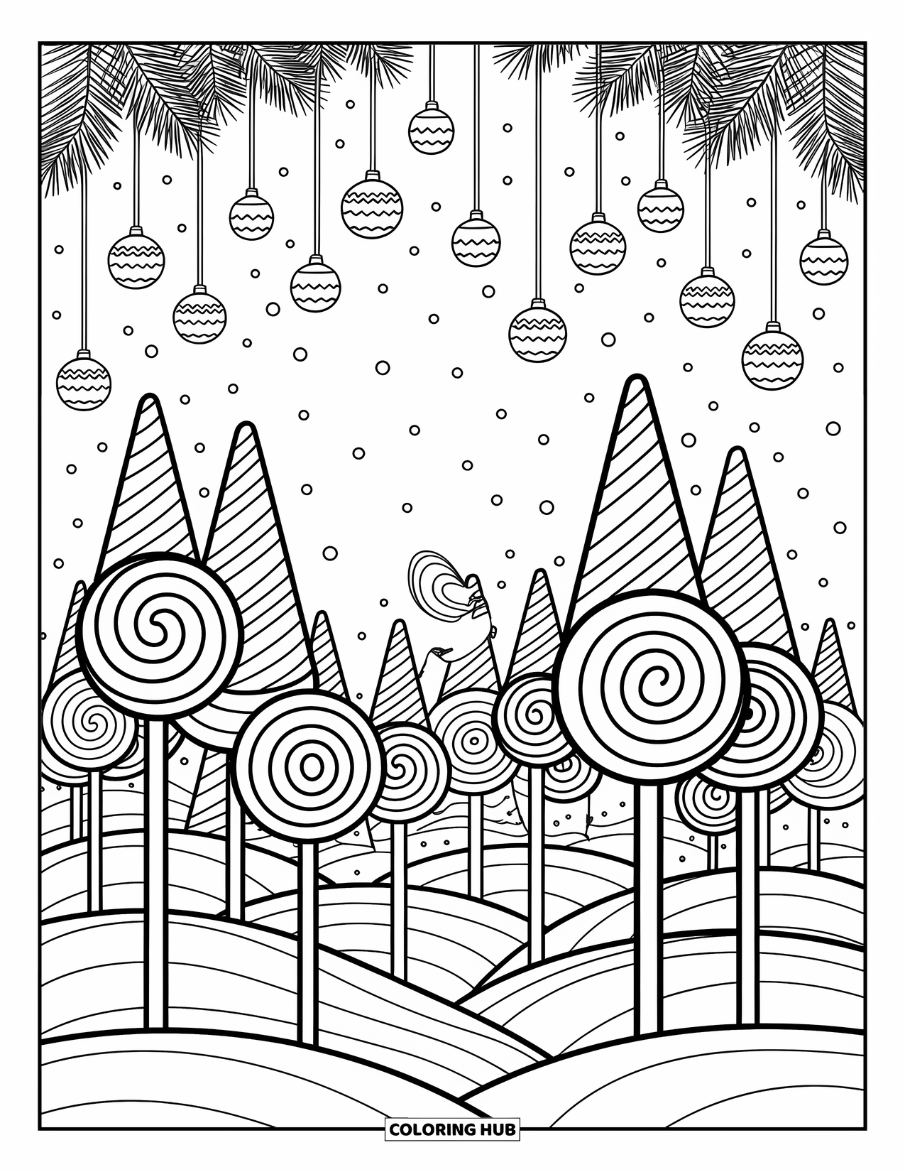 Christmas Candy Coloring Page for Adults: A dreamy candy forest with lollipops and hanging treats fills the sky
