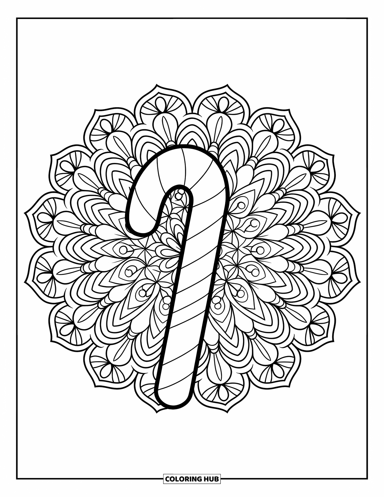 Christmas Candy Coloring Page for Adults: A floral mandala centers around a striped Christmas candy cane
