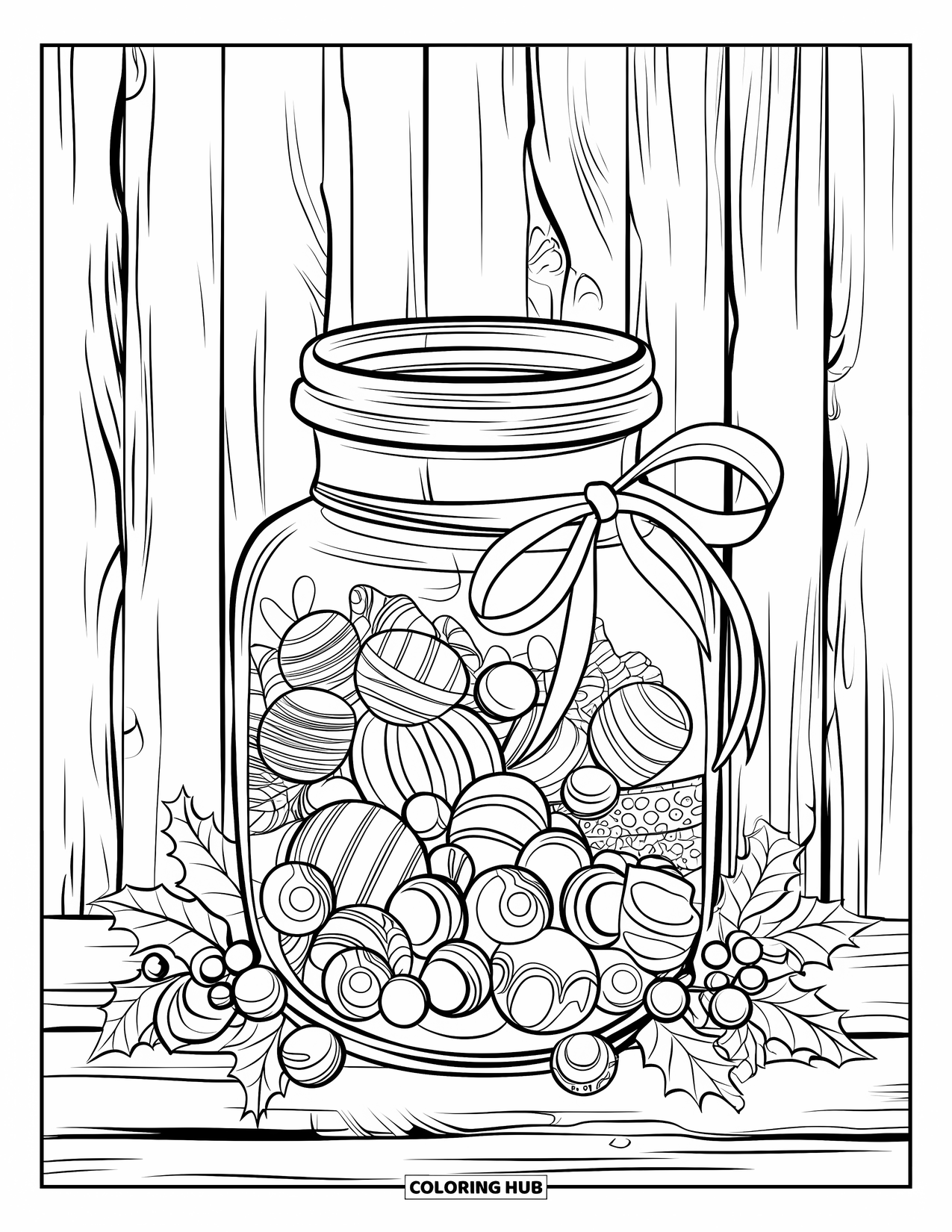 Christmas Candy Coloring Page for Adults: A jar of Christmas candy sits among vines on a rustic wooden table