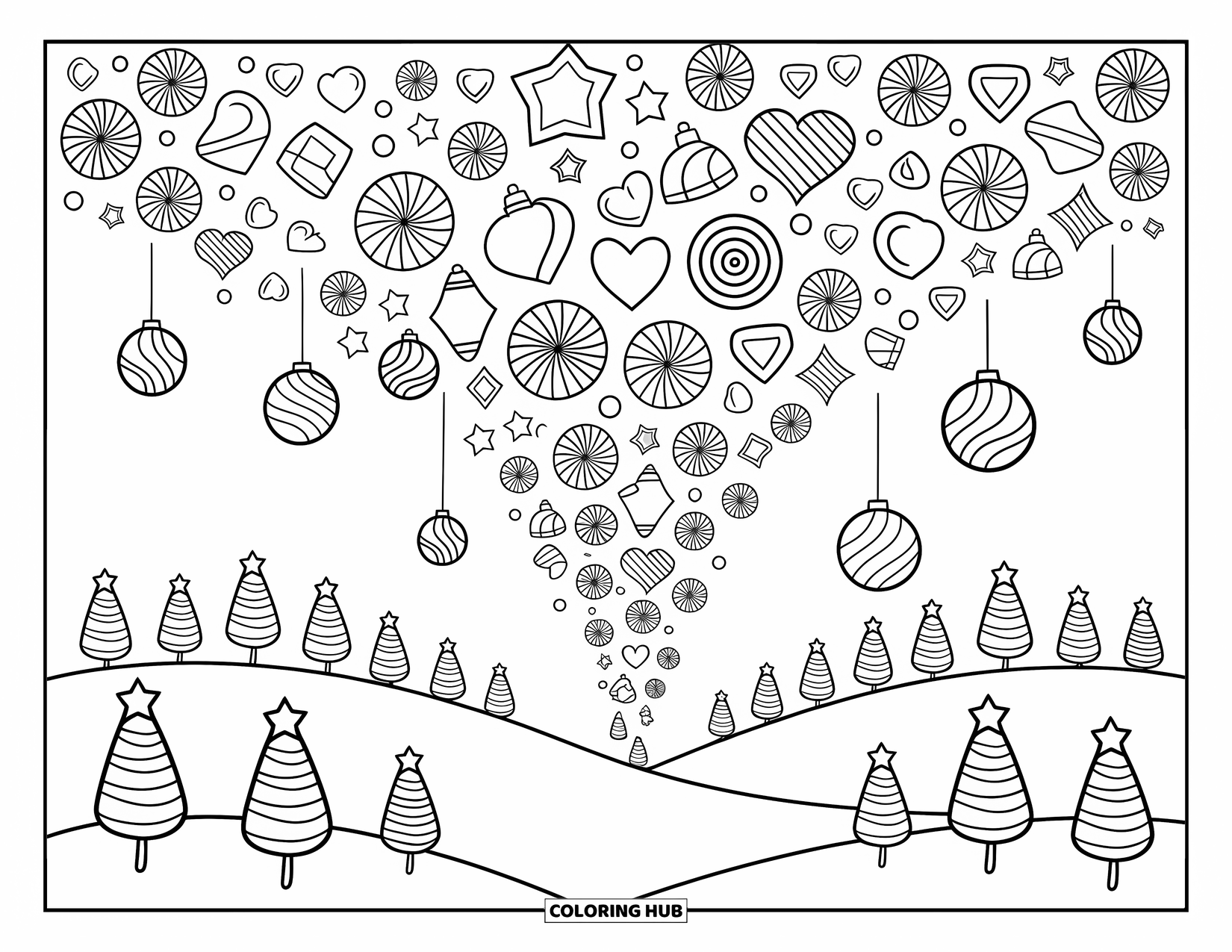 Christmas Candy Coloring Page for Adults: A sky full of candy snowflakes drifts over a landscape of gumdrop bushes