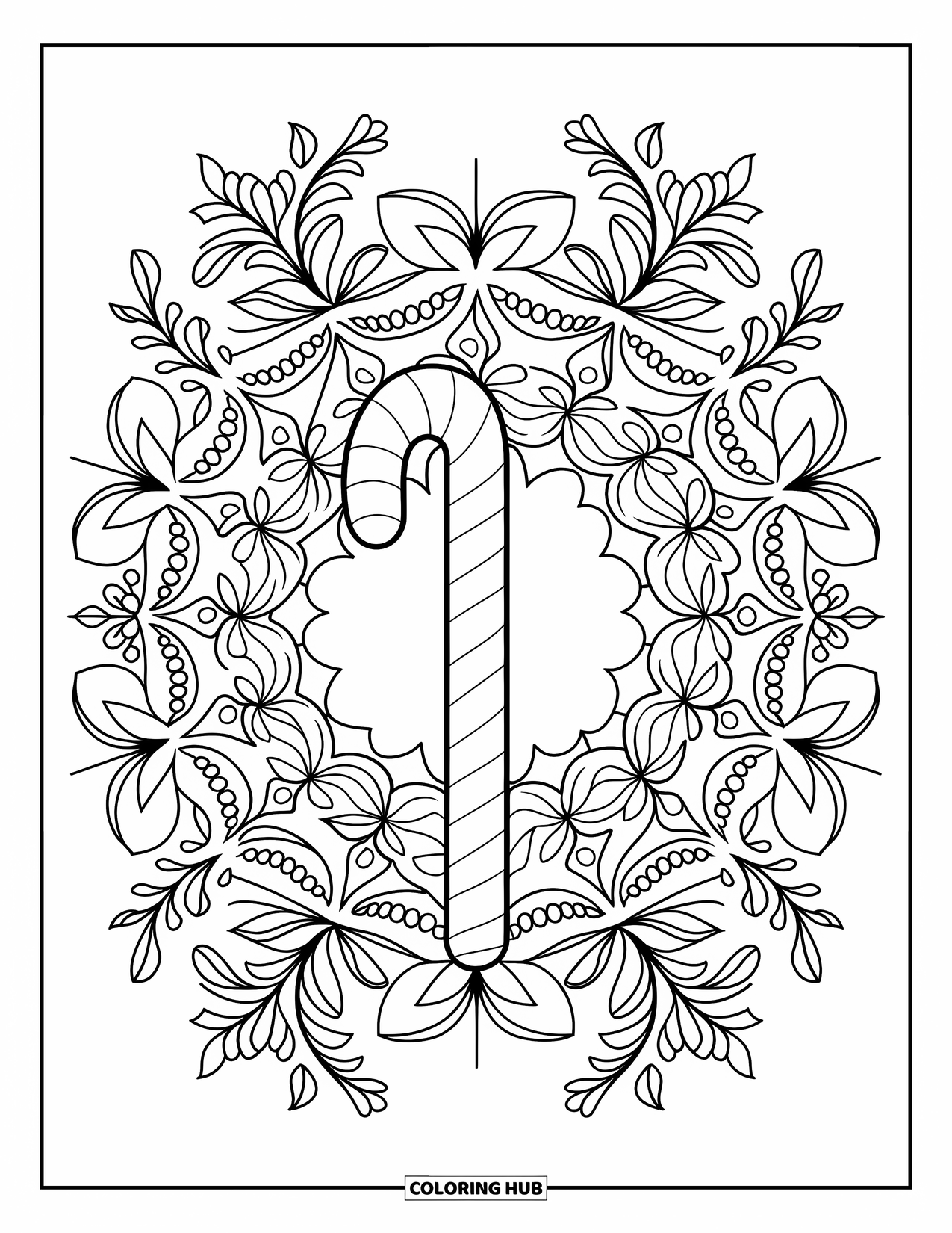Christmas Candy Coloring Page for Adults: A striped candy cane sits at the heart of a floral mandala pattern