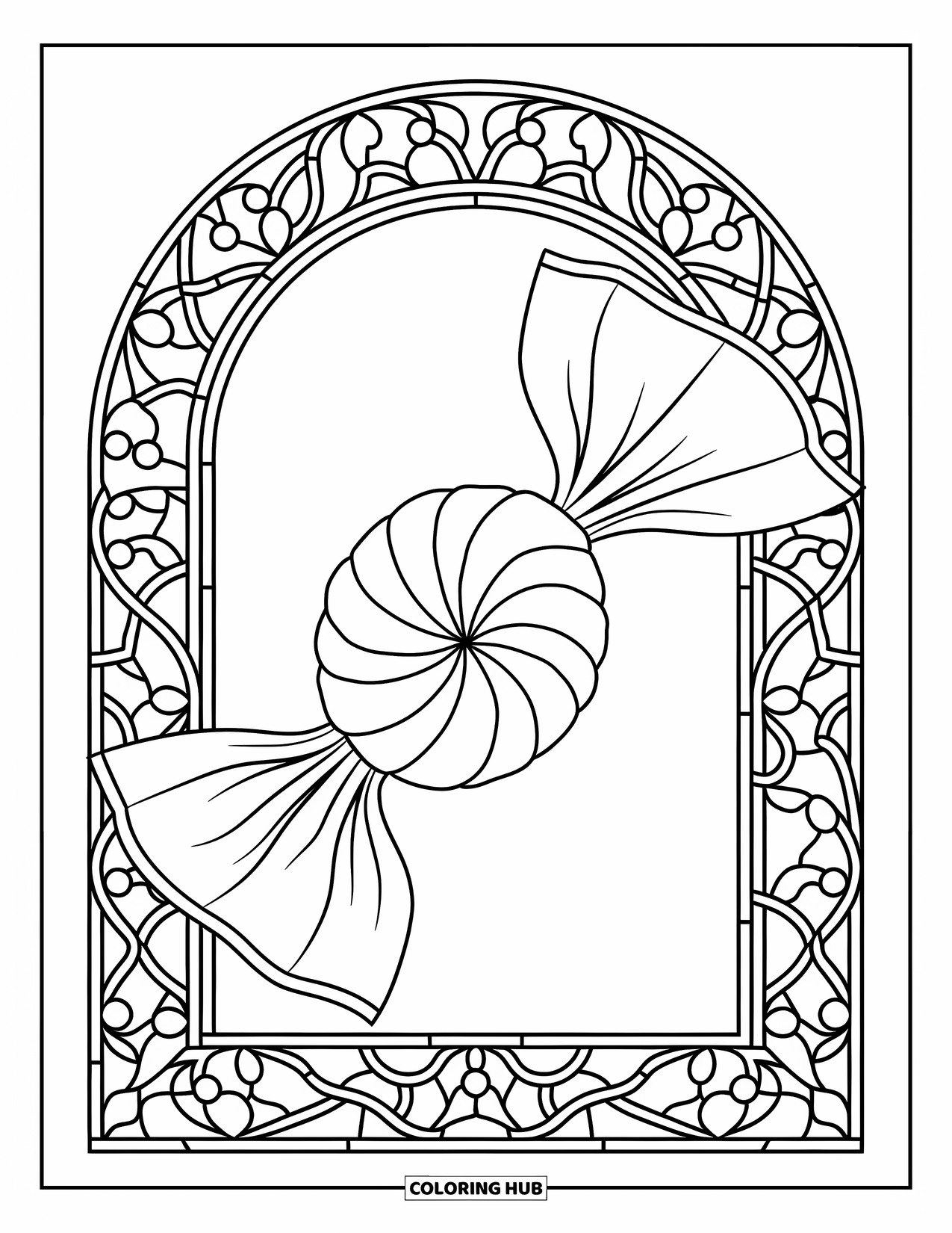 Christmas Candy Coloring Page for Adults: A wrapped peppermint candy glows within a stained glass frame of patterns
