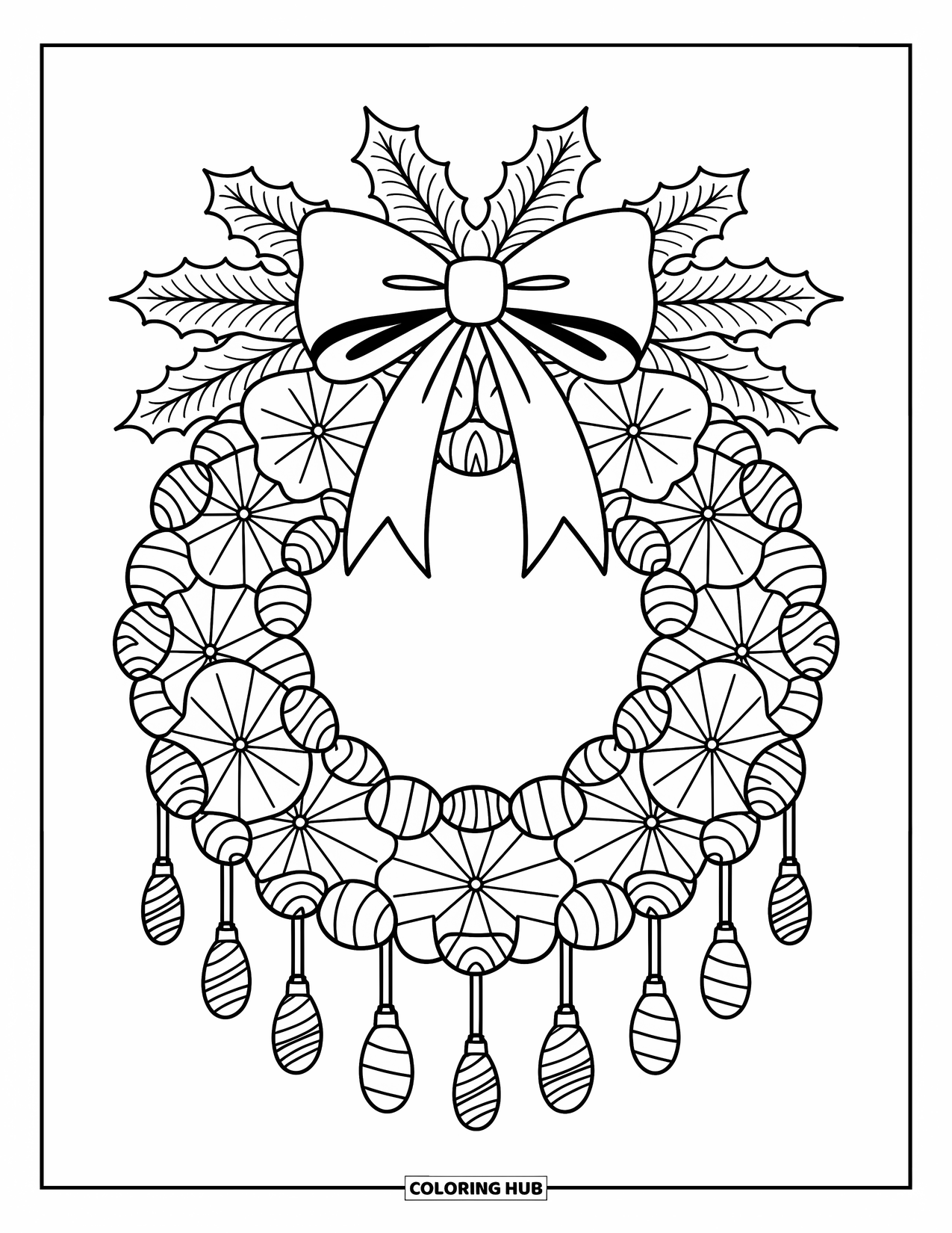 Christmas Candy Coloring Page for Adults: A wreath of candy canes, peppermints, and stars sparkles with ribbons and bows