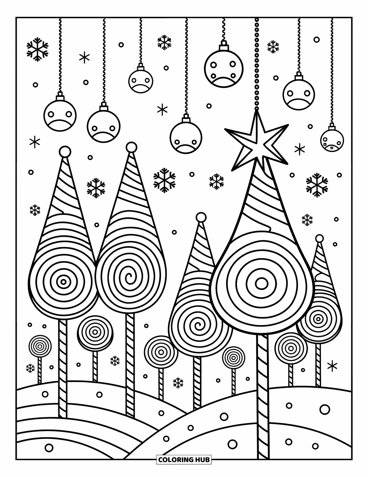 Christmas Candy Coloring Page for Adults: Candy trees and falling ornaments bring magic to a peaceful winter forest
