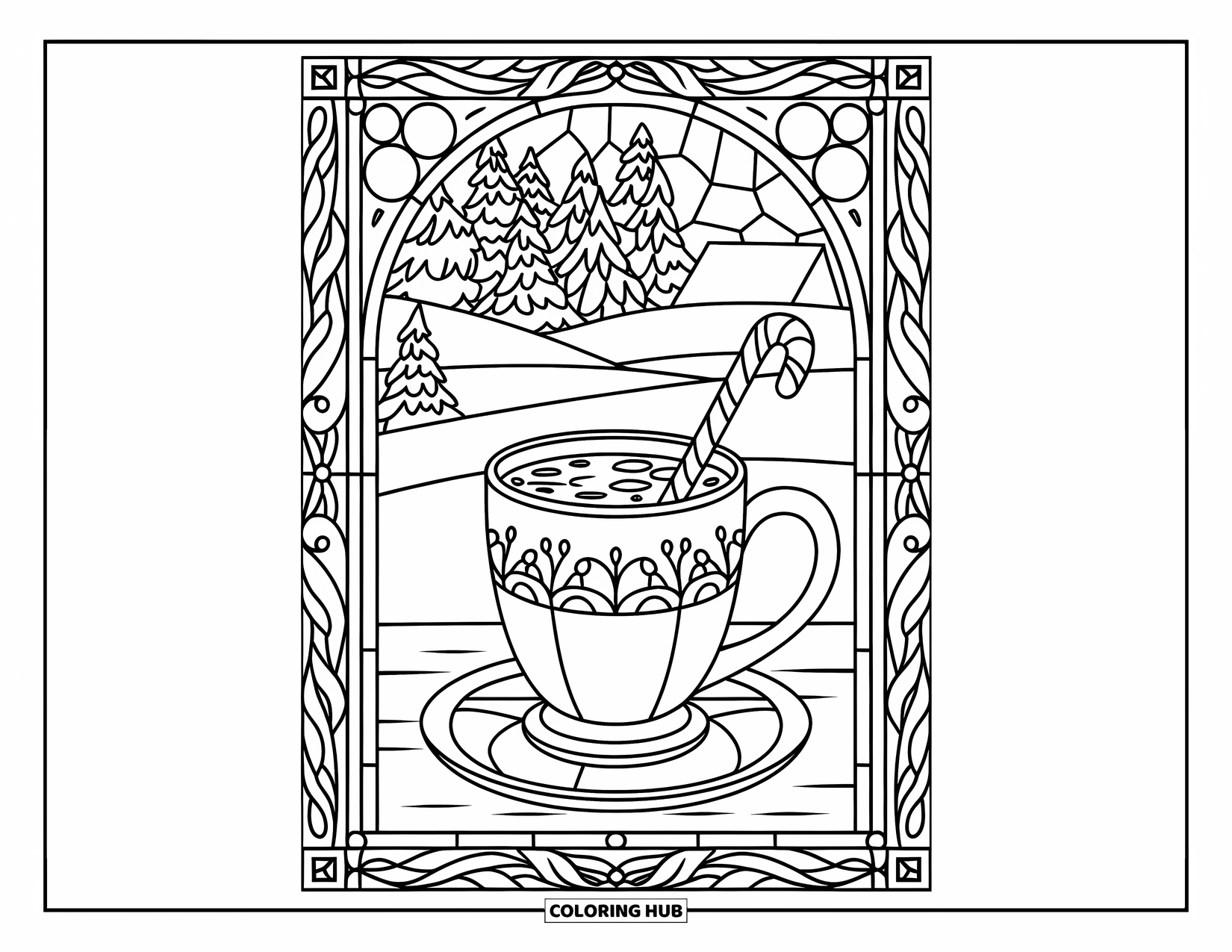 Christmas Candy Coloring Page for Adults: Hot cocoa with a candy cane sits framed in winter leaves and stained glass
