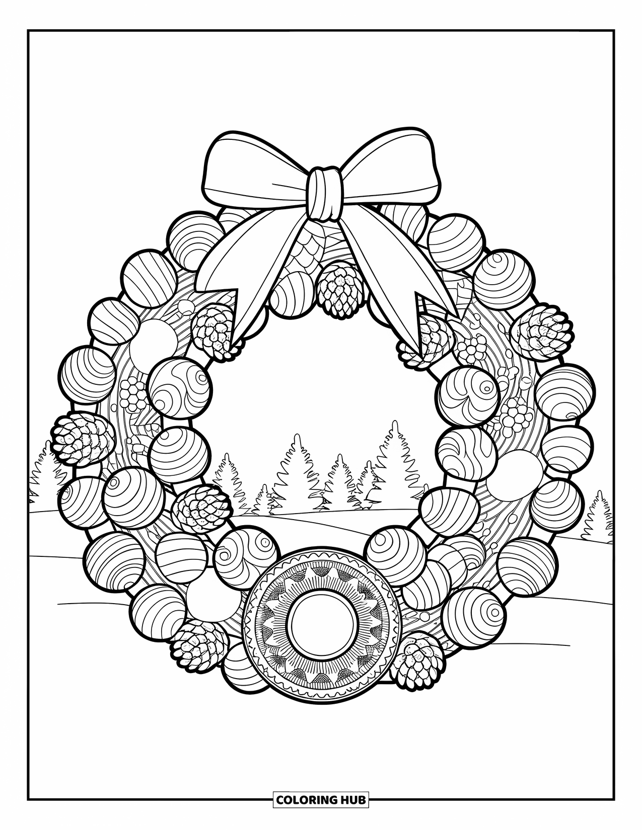 Christmas Candy Coloring Page for Adults: Pinecones and candy form a wreath set against a snowy winter background