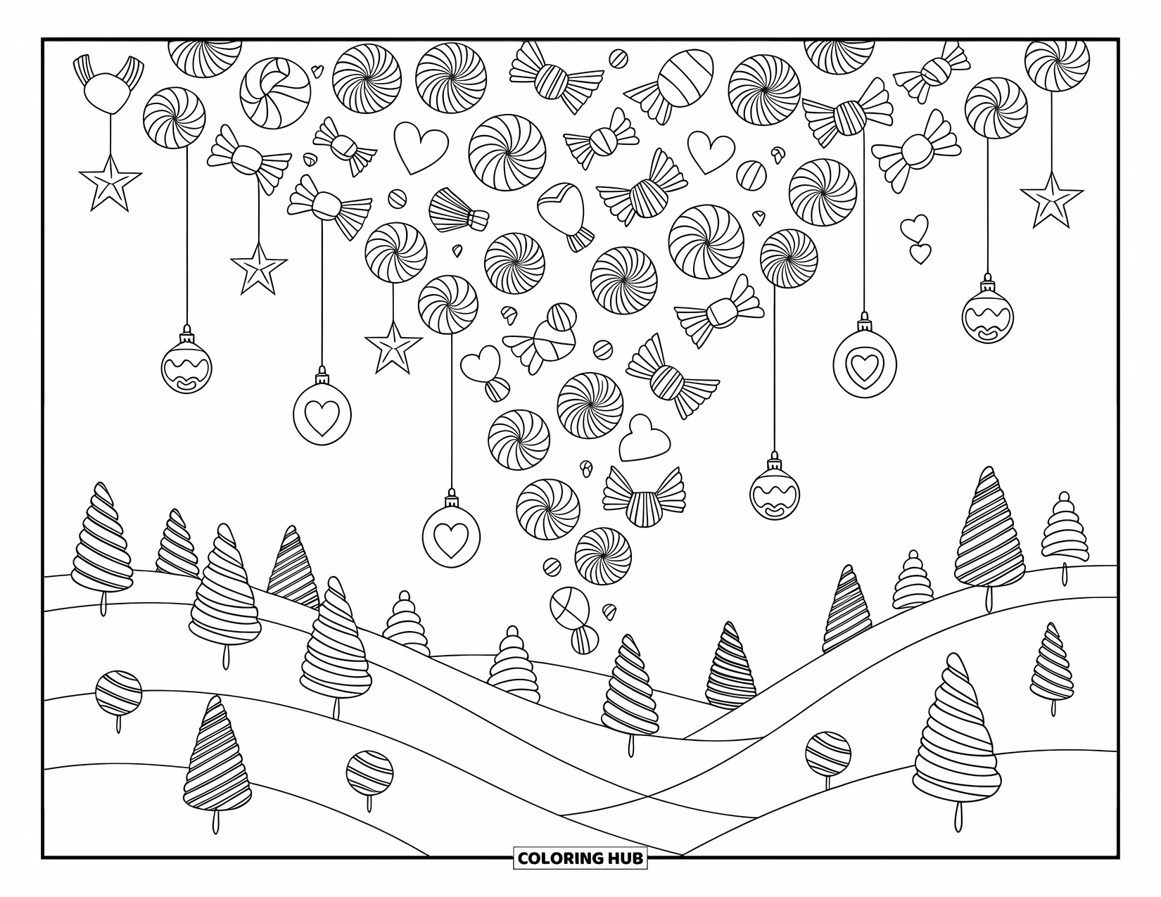 Christmas Candy Coloring Page for Adults: Wrapped candy stars and hearts tumble gently over sweet little Christmas hills