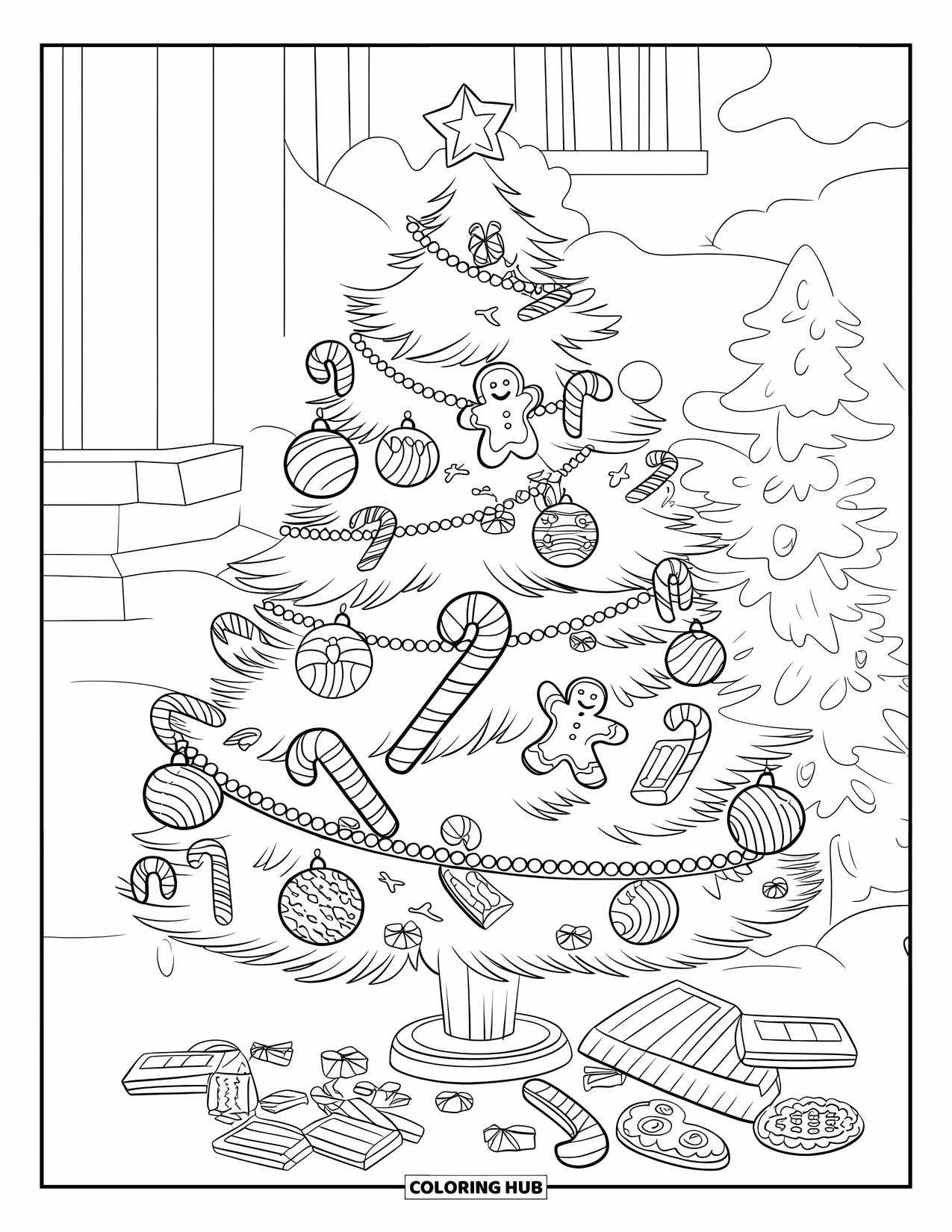 Christmas Candy Coloring Page for Kids: A candy-covered tree stands on snowy ground with fallen treats and buildings nearby