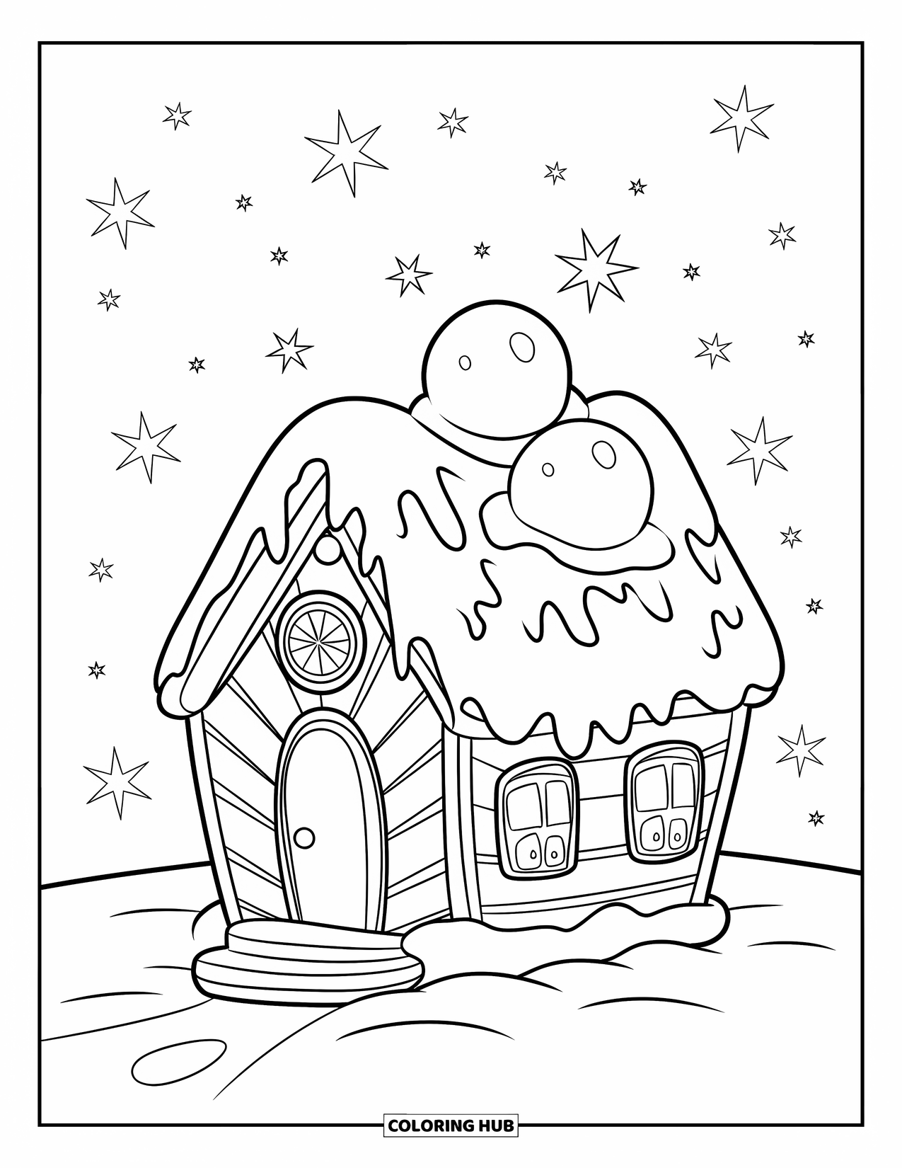Christmas Candy Coloring Page for Kids: A candy house sparkles under a starry sky