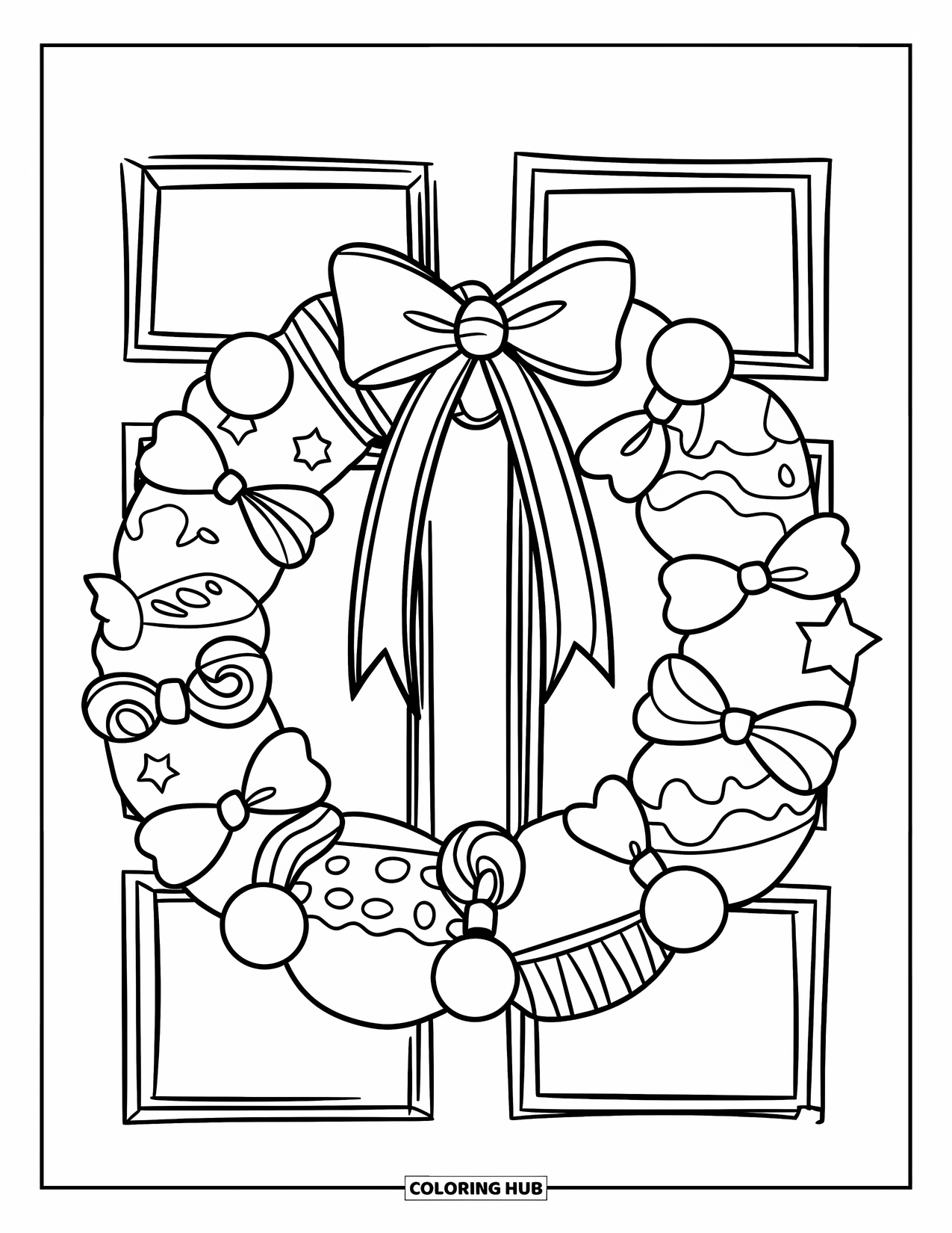 Christmas Candy Coloring Page for Kids: A candy wreath with bows and stars hangs on a door