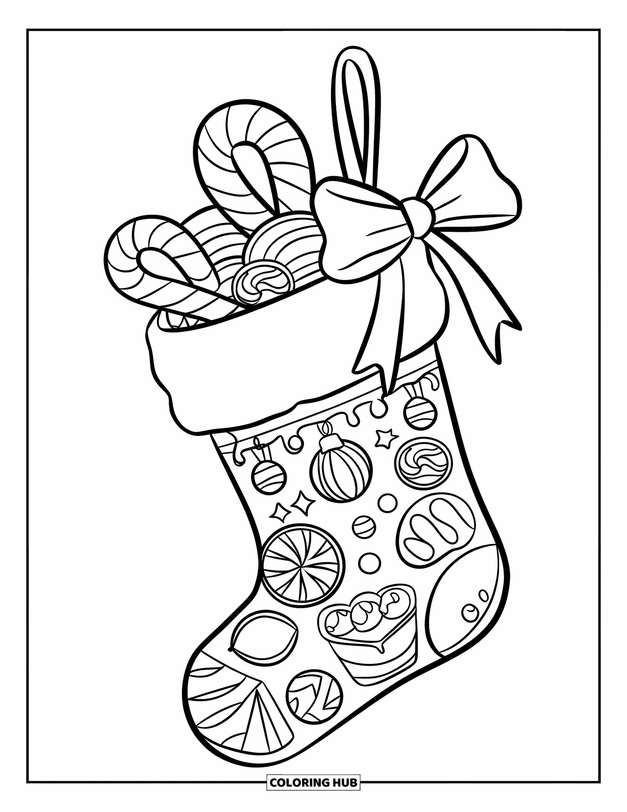 Christmas Candy Coloring Page for Kids: A Christmas stocking overflows with candy, chocolates, and cookies