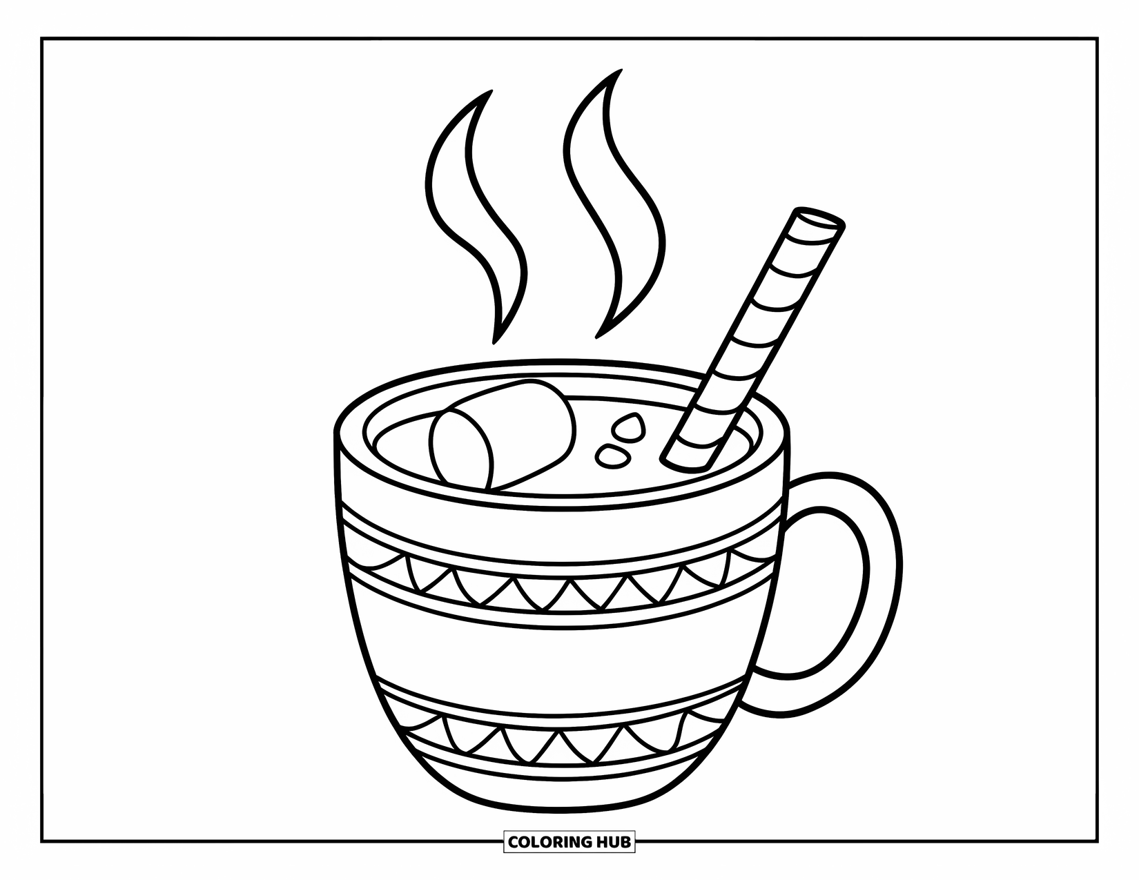 Christmas Candy Coloring Page for Kids: A cozy cocoa mug with one marshmallow and candy stick steams peacefully