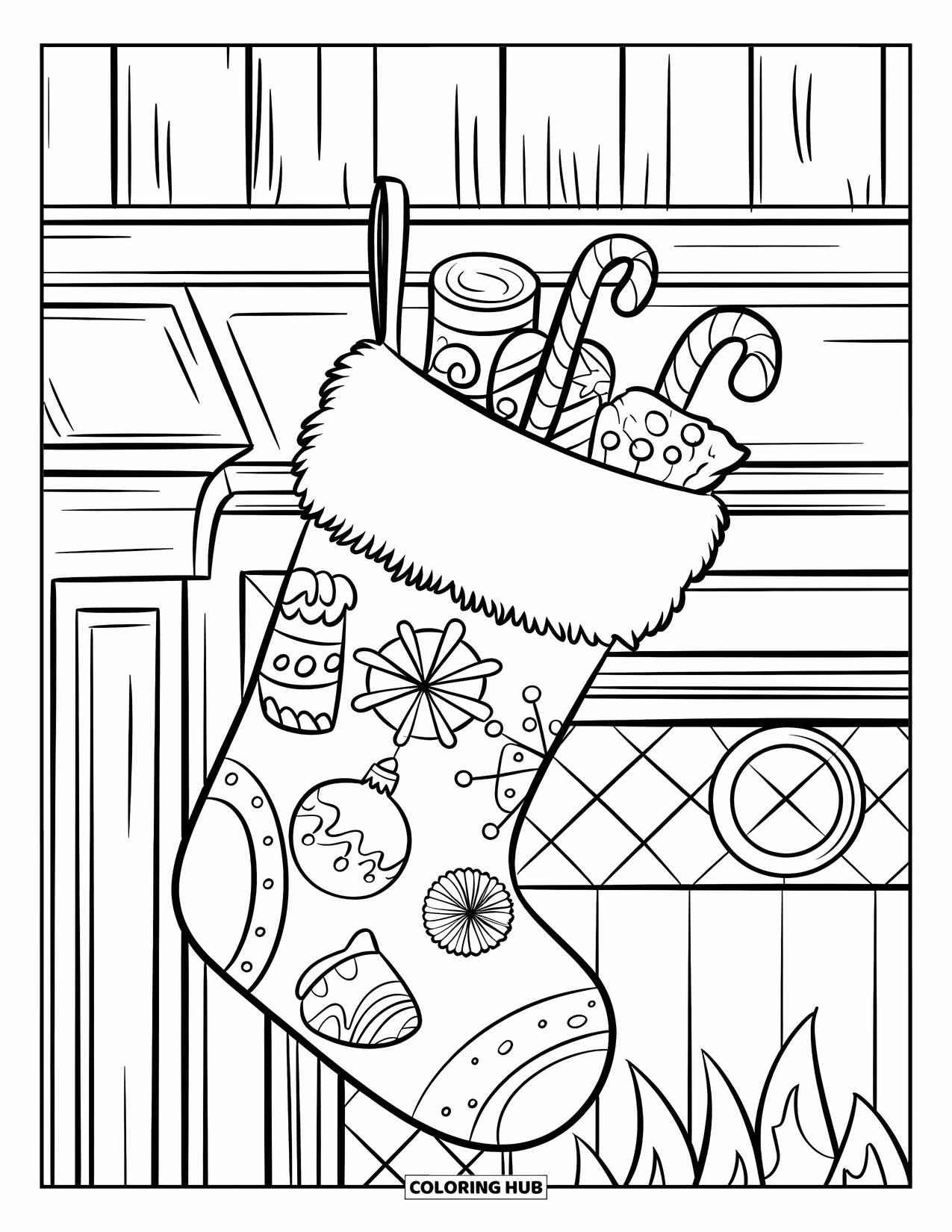 Christmas Candy Coloring Page for Kids: A cozy stocking filled with sweets hangs above a fireplace