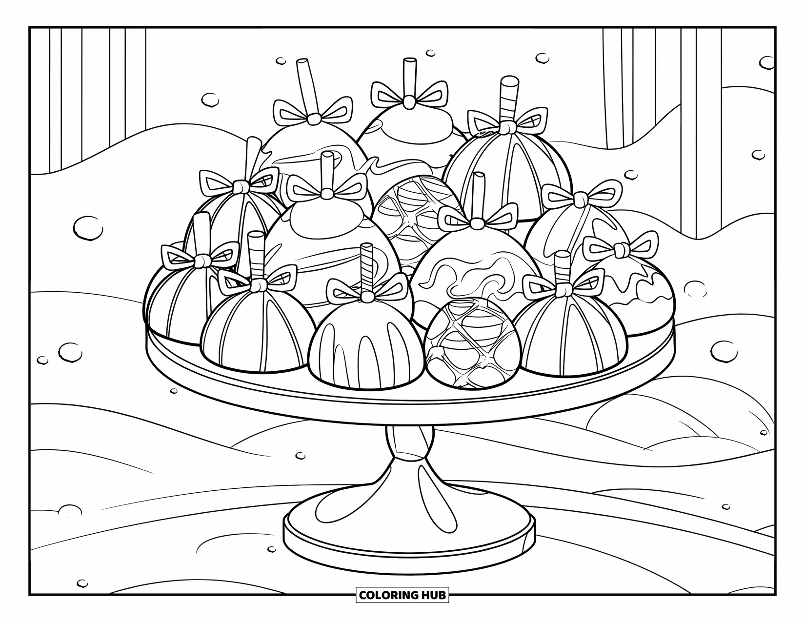 Christmas Candy Coloring Page for Kids: A festive tray of candy shaped like Santa, snowmen, and candy canes on snowy ground