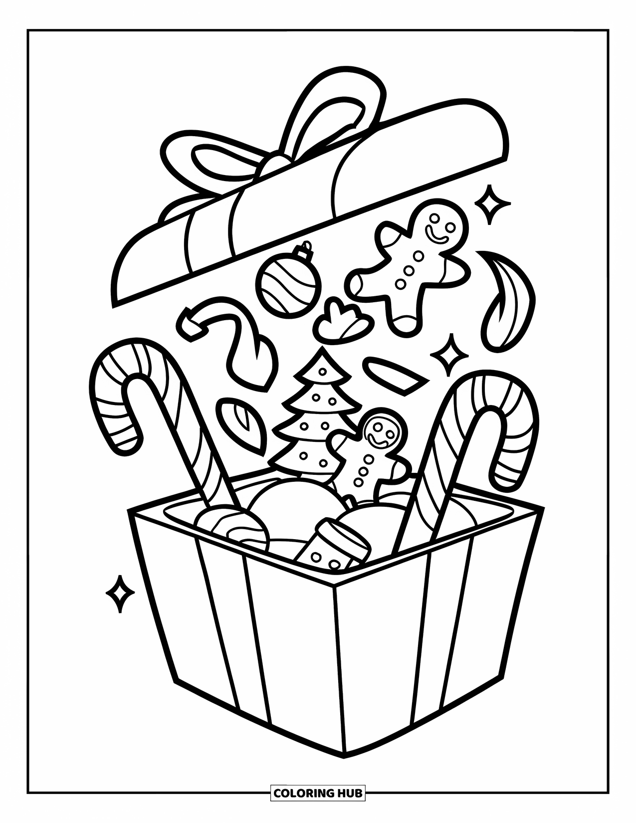 Christmas Candy Coloring Page for Kids: A gift box overflows with candy and a mini Christmas tree